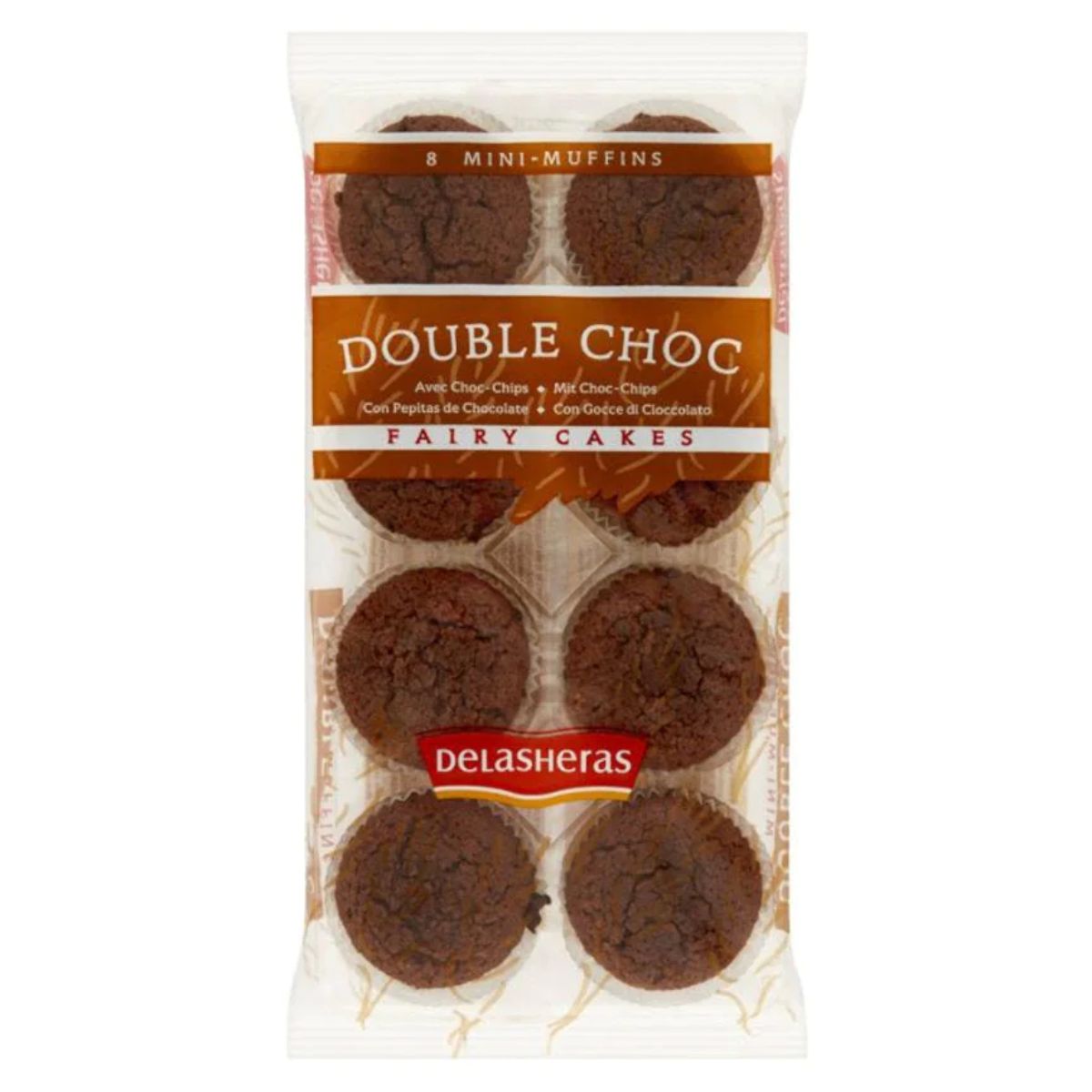A package of Delasheras - Double Choc Fairy Cakes - 8Pack cupcakes.