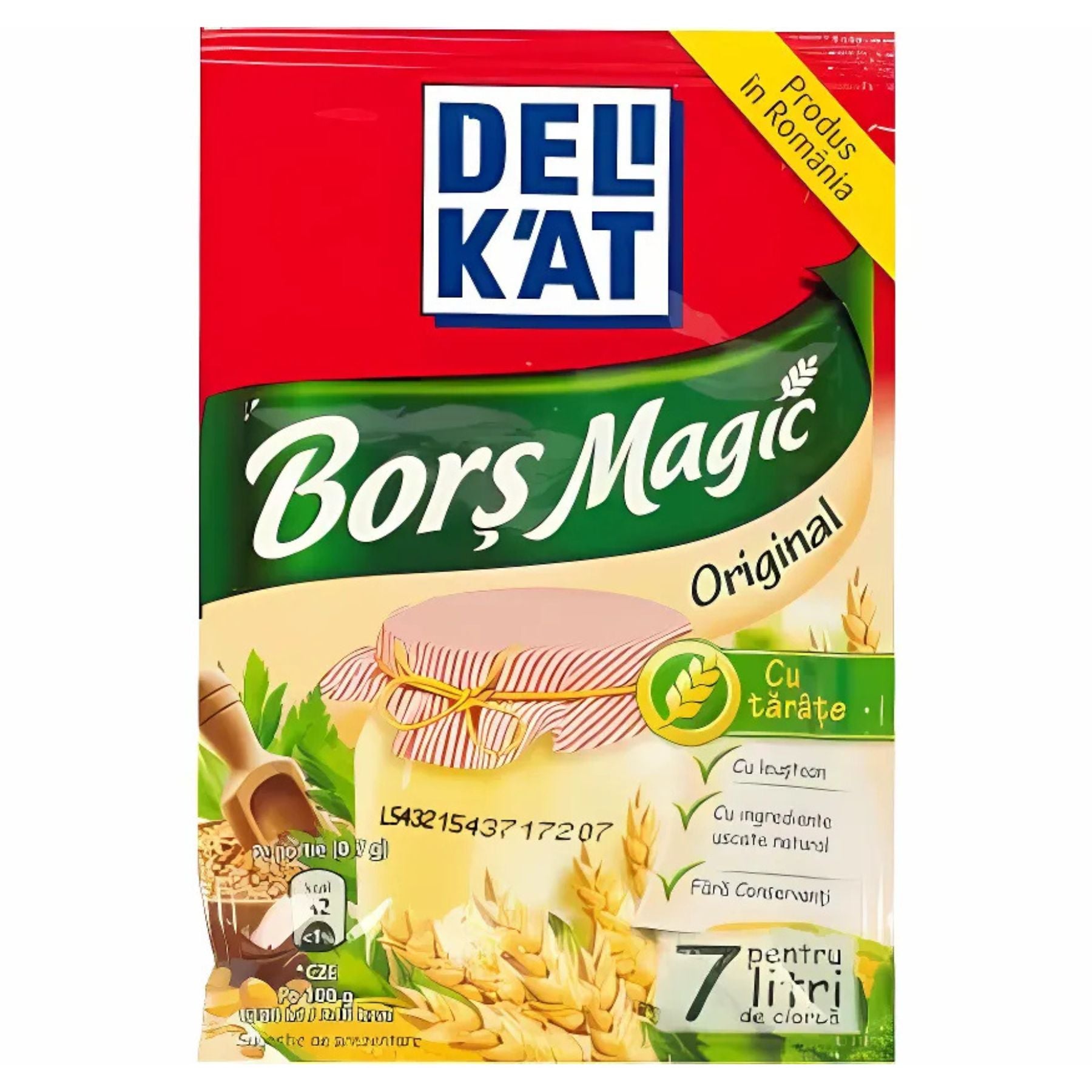 A 38g pack of DeliKat Bors Magic cu Smantana with Sour Cream, a Romanian soup mix, features wheat imagery, a wooden spoon, and product details on the front. A 38g pack of DeliKat Bors Magic cu Smantana with Sour Cream, a Romanian soup mix, features wheat imagery, a wooden spoon, and product details on the front.