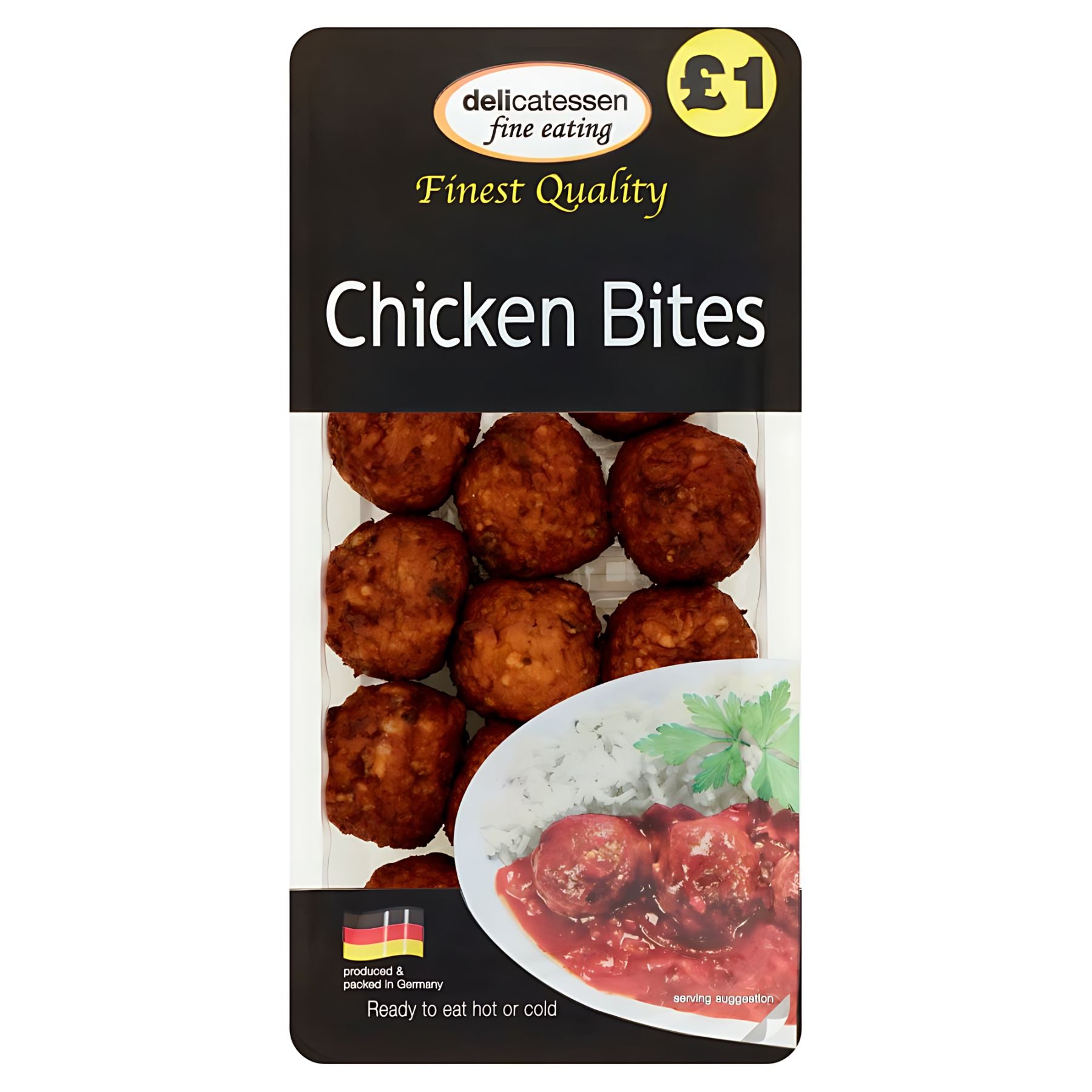 A £1 pack of Delicatessen Chicken Bites (200g), featuring ready-to-eat chicken meatballs and a serving suggestion with sauce on the front. A £1 pack of Delicatessen Chicken Bites (200g), featuring ready-to-eat chicken meatballs and a serving suggestion with sauce on the front.