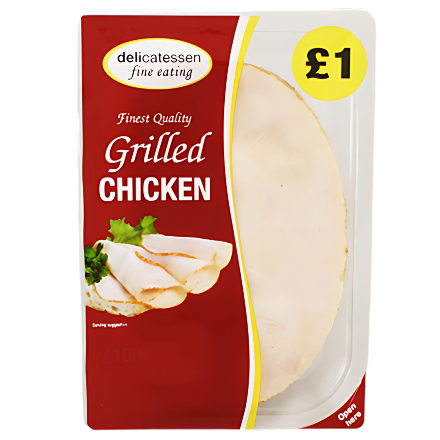 Delicatessen Grilled Chicken Slices 90g, labeled "delicatessen fine eating," priced at £1, with some protein-rich slices visible through a clear window. Delicatessen Grilled Chicken Slices 90g, labeled "delicatessen fine eating," priced at £1, with some protein-rich slices visible through a clear window.