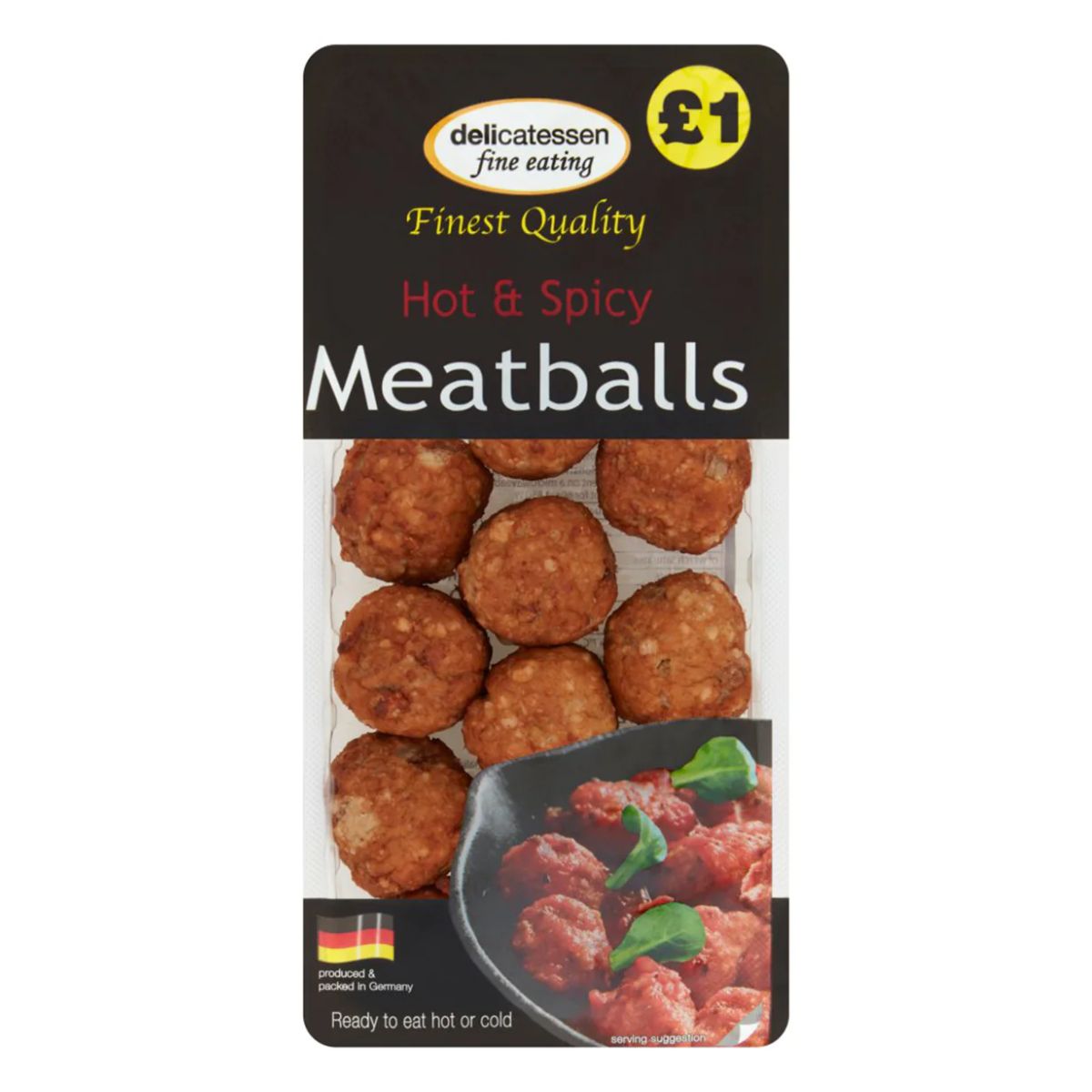 Packaging for Delicatessen - Hot & Spicy Meatballs - 200g, priced at £1, with an indication they are ready to eat hot or cold.