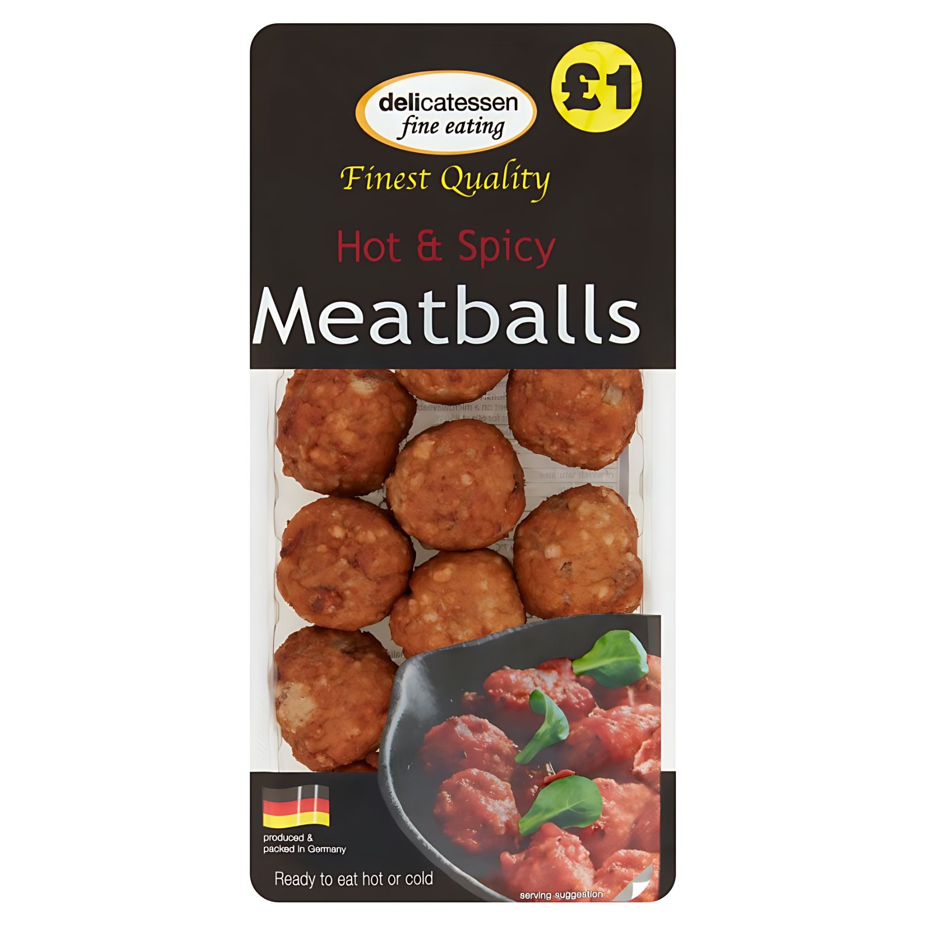 A 200g plastic tray of Delicatessen Hot & Spicy Meatballs, labeled “Finest Quality” and “£1”, with cooked meatballs pictured on the packaging. A 200g plastic tray of Delicatessen Hot & Spicy Meatballs, labeled “Finest Quality” and “£1”, with cooked meatballs pictured on the packaging.