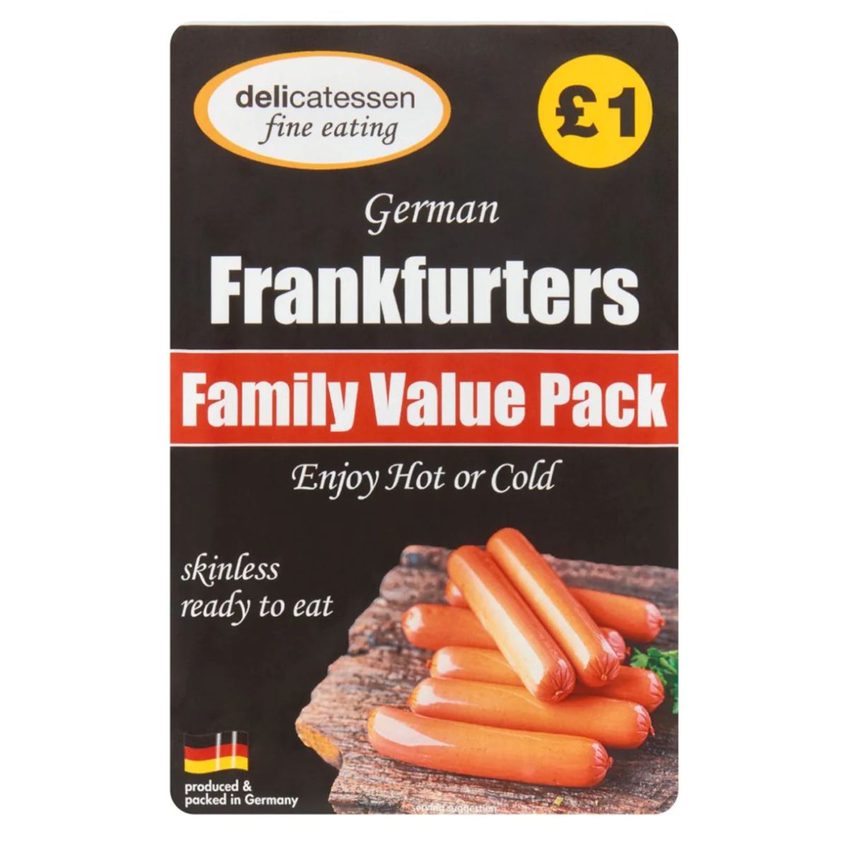 Packaging for the Delicatessen Fine Eating - German Frankfurters Family Value Pack - 12pcs, indicating they are skinless and ready to eat either hot or cold, with a price tag of £1.