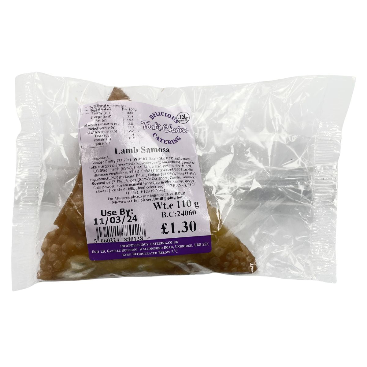 A Delicious Catering - Tasti Choice Lamb Samosa in a bag on a white background.