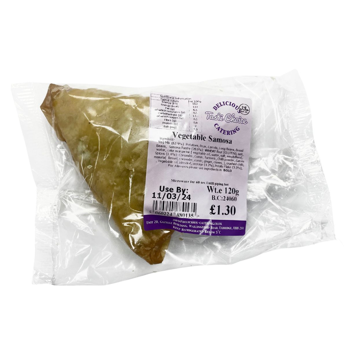 A delicious Catering - Tasti Choice Vegetable Samosa - 120g in a plastic bag on a white background.