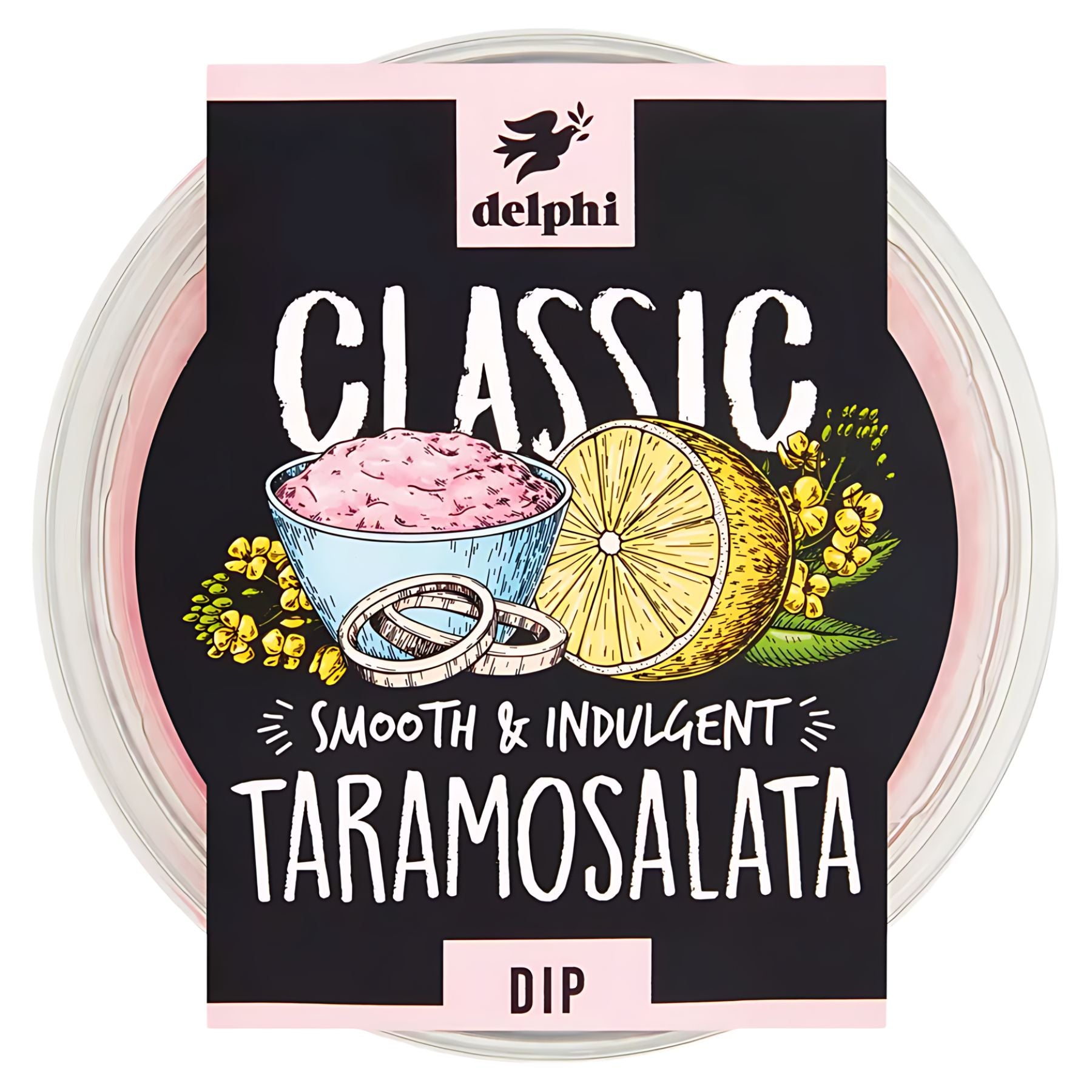 Delphi - Classic Smooth & Indulgent Taramosalata Dip (170g) is a Mediterranean spread made with cod roe, shown on the label with dip, lemon, onions, and herbs. Delphi - Classic Smooth & Indulgent Taramosalata Dip (170g) is a Mediterranean spread made with cod roe, shown on the label with dip, lemon, onions, and herbs.