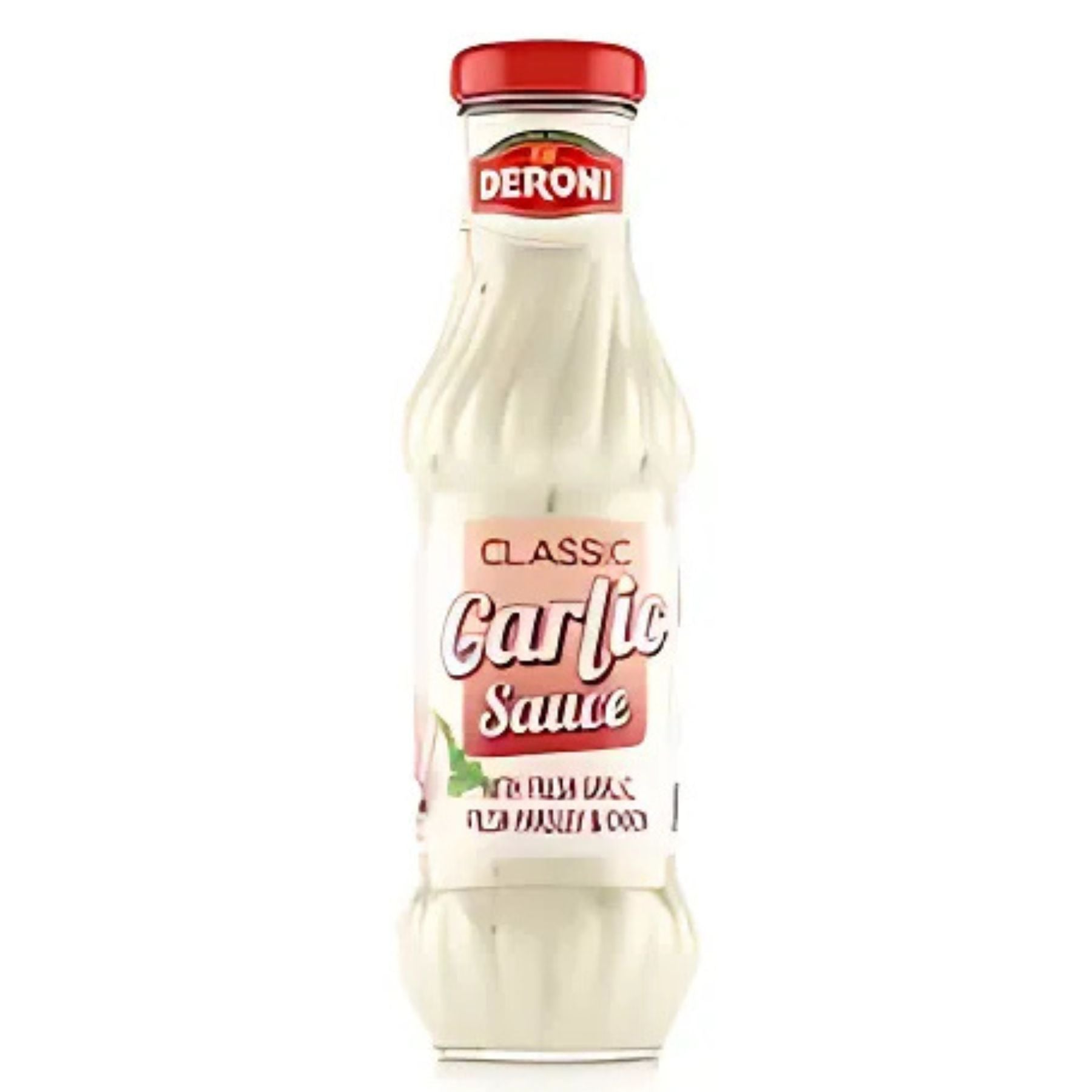 A 305g bottle of Deroni Classic Garlic Sauce, featuring a red cap and white label, is displayed against a white background. A 305g bottle of Deroni Classic Garlic Sauce, featuring a red cap and white label, is displayed against a white background.