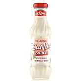A 305g bottle of Deroni Classic Garlic Sauce, featuring a red cap and white label, is displayed against a white background.
