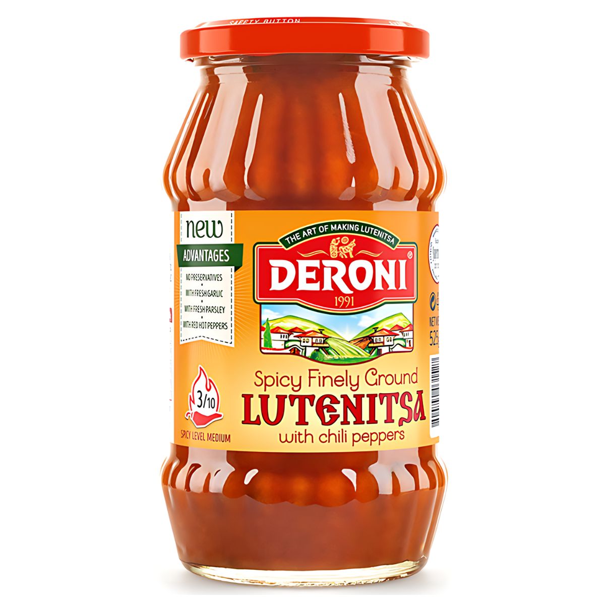 A jar of Deroni - Finely Ground Spicy Lutenitsa with Chilli Peppers - 520g. The label indicates it is moderately spicy, rated 3 out of 10. A jar of Deroni - Finely Ground Spicy Lutenitsa with Chilli Peppers - 520g. The label indicates it is moderately spicy, rated 3 out of 10.