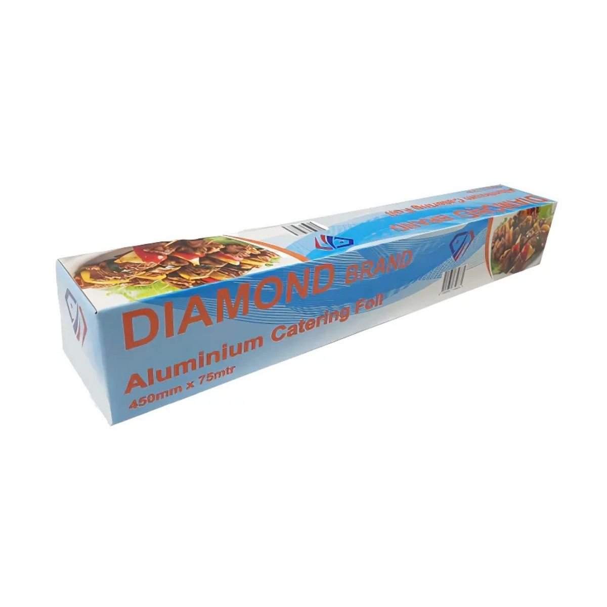 A box of Diamond Catering Aluminium Foil, 450mm x 75m, with images of food on its sleek white packaging, ensures kitchen sparkle while keeping your culinary creations fresh. A box of Diamond Catering Aluminium Foil, 450mm x 75m, with images of food on its sleek white packaging, ensures kitchen sparkle while keeping your culinary creations fresh.
