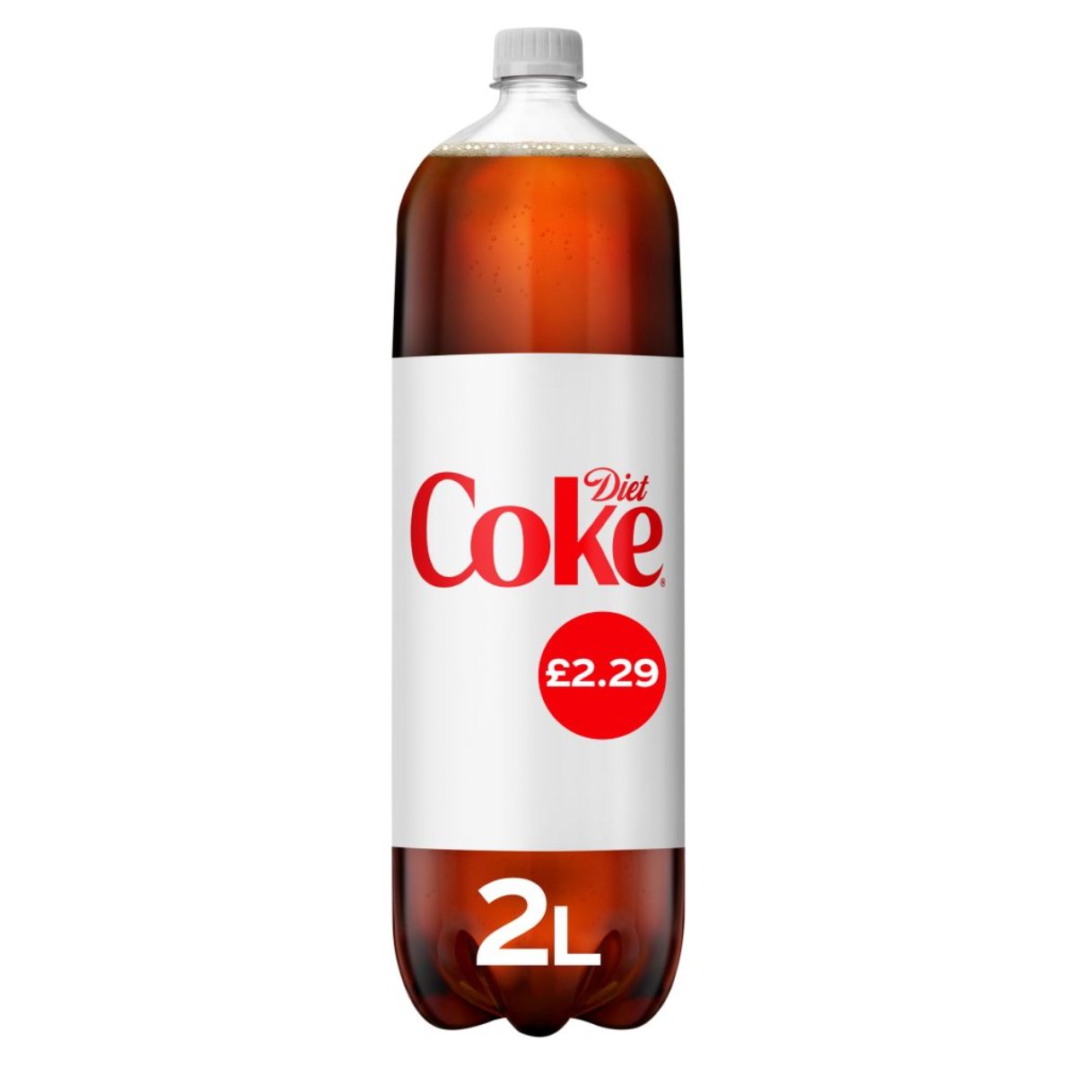 2-liter bottle of Diet Coke - Cola - 2L with a white label, marked £2.29, on a white background.