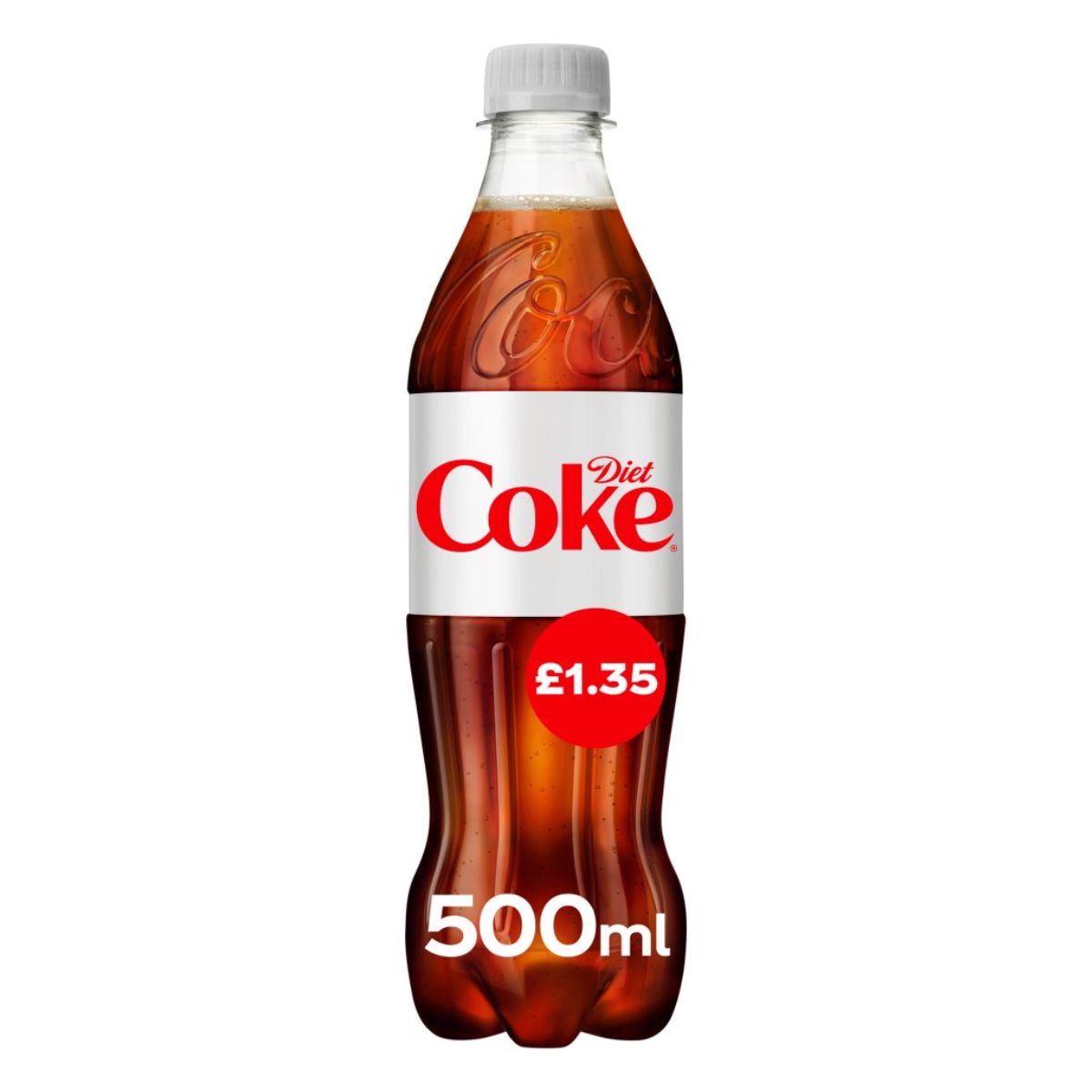 A Diet Coke - Cola - 500ml bottle with a price label of £1.35, featuring the classic logo on a white band around the center.