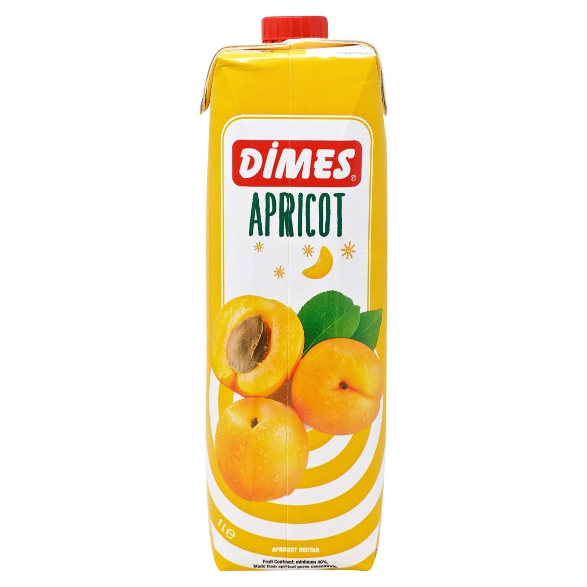 A carton of Dimes - Apricot - 1 litre on a white background. A carton of Dimes - Apricot - 1 litre on a white background.