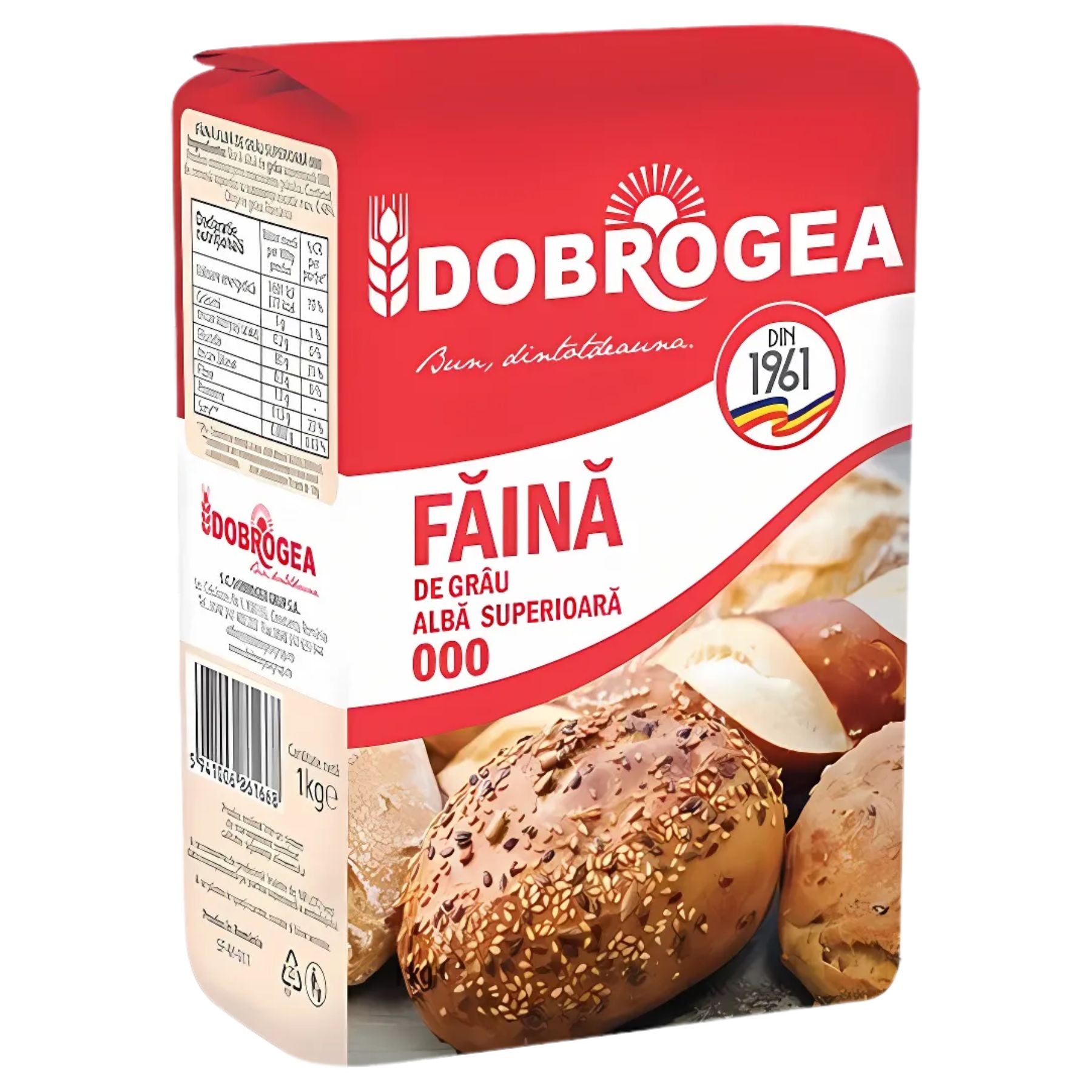 Dobrogea - Faina Alba Flour - 1Kg features images of various baked breads on the front and nutrition info on the side, making it an ideal white flour choice for all your baking needs. Dobrogea - Faina Alba Flour - 1Kg features images of various baked breads on the front and nutrition info on the side, making it an ideal white flour choice for all your baking needs.