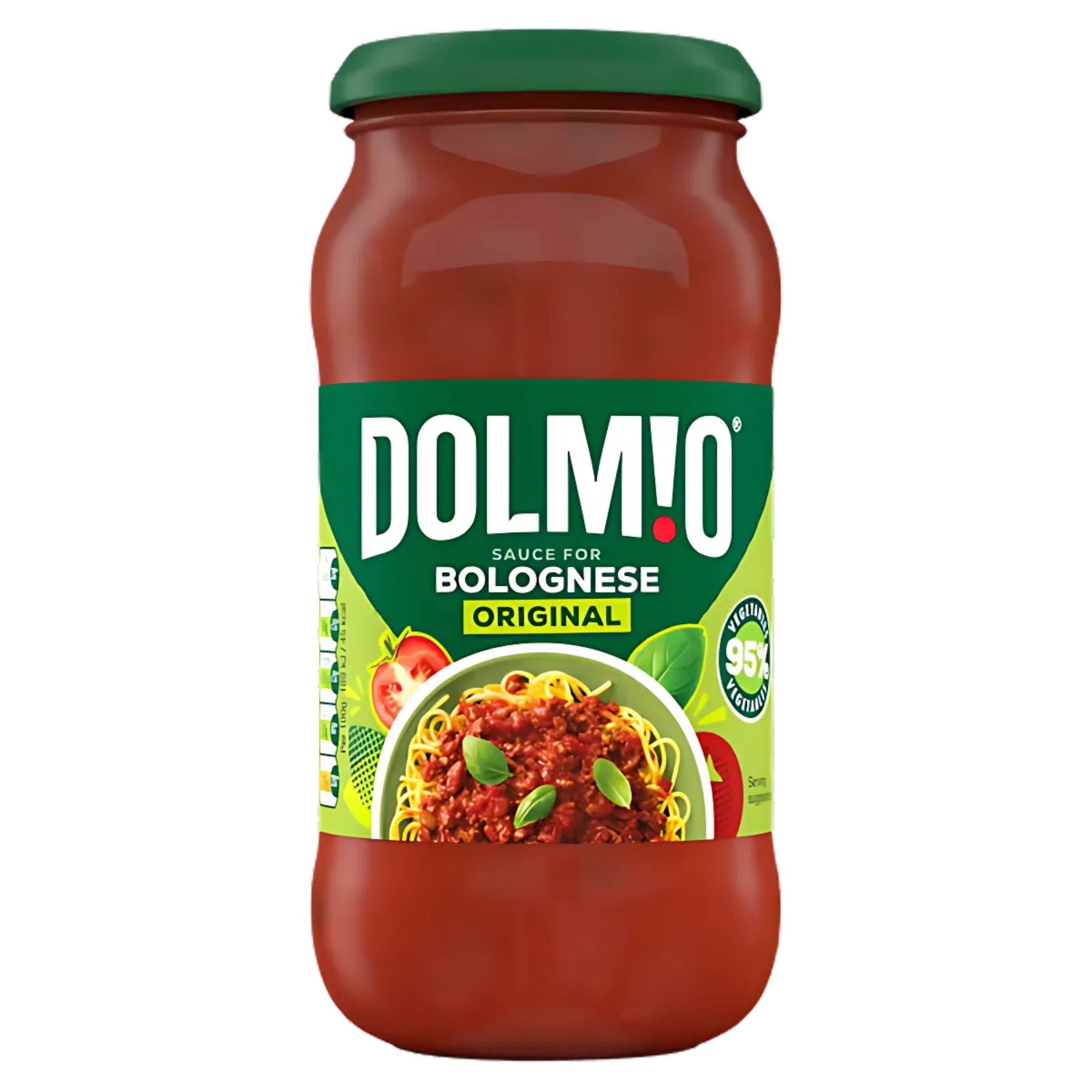 Dolmio Bolognese Original Pasta Sauce 450g comes in a jar with a green lid and a label showing spaghetti with sauce and basil, plus nutrition info—ideal for making authentic Italian pasta dishes. Dolmio Bolognese Original Pasta Sauce 450g comes in a jar with a green lid and a label showing spaghetti with sauce and basil, plus nutrition info—ideal for making authentic Italian pasta dishes.