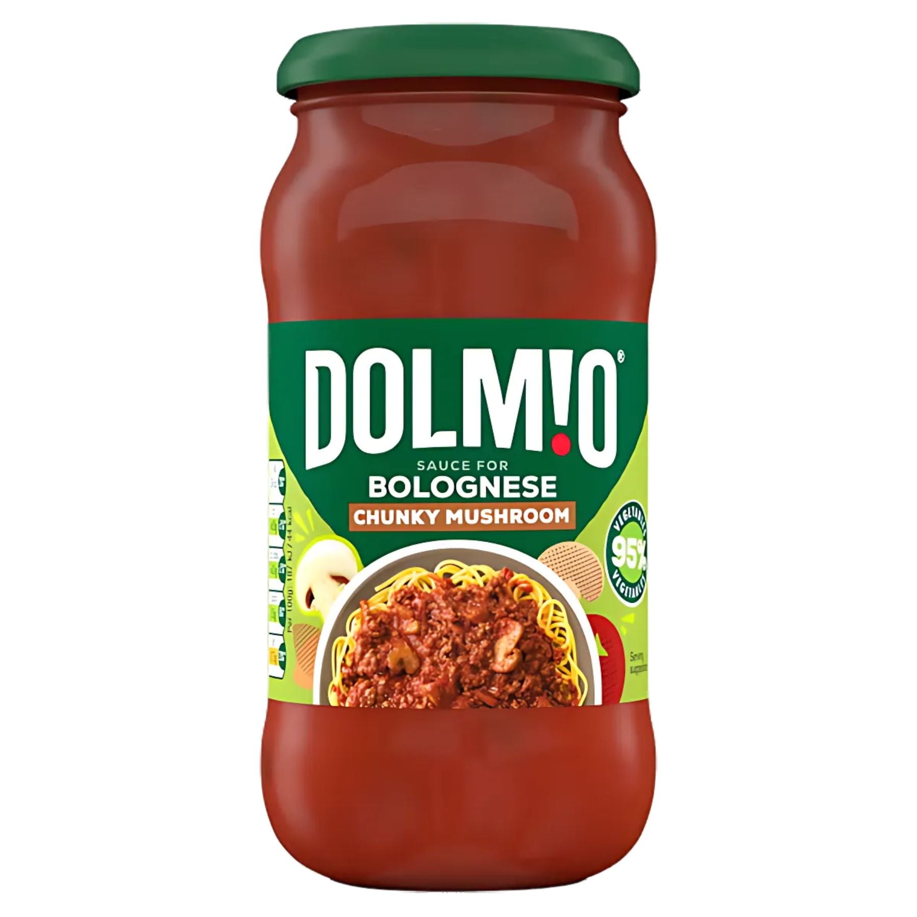 A 450g jar of Dolmio Chunky Mushroom Bolognese Sauce with a green lid and label, pictured served over pasta, offers a hearty, meat-free option for your meals. A 450g jar of Dolmio Chunky Mushroom Bolognese Sauce with a green lid and label, pictured served over pasta, offers a hearty, meat-free option for your meals.