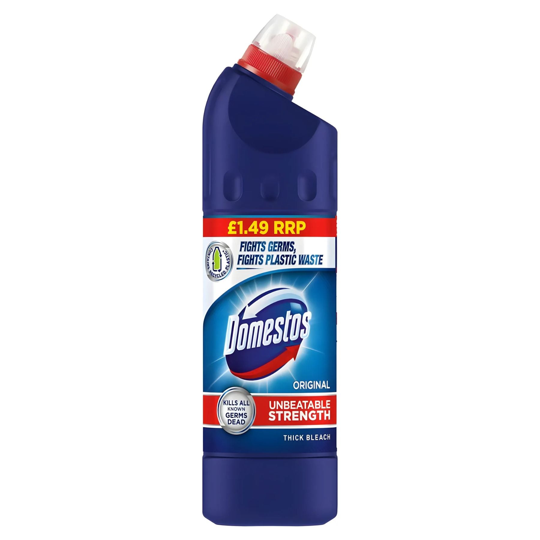 A 750ml bottle of Domestos Thick Bleach Original with a red angled cap and blue label, marked £1.49 RRP. This powerful disinfectant claims “Unbeatable Strength” and “Kills all germs dead,” making it ideal for bathroom cleaning. A 750ml bottle of Domestos Thick Bleach Original with a red angled cap and blue label, marked £1.49 RRP. This powerful disinfectant claims “Unbeatable Strength” and “Kills all germs dead,” making it ideal for bathroom cleaning.