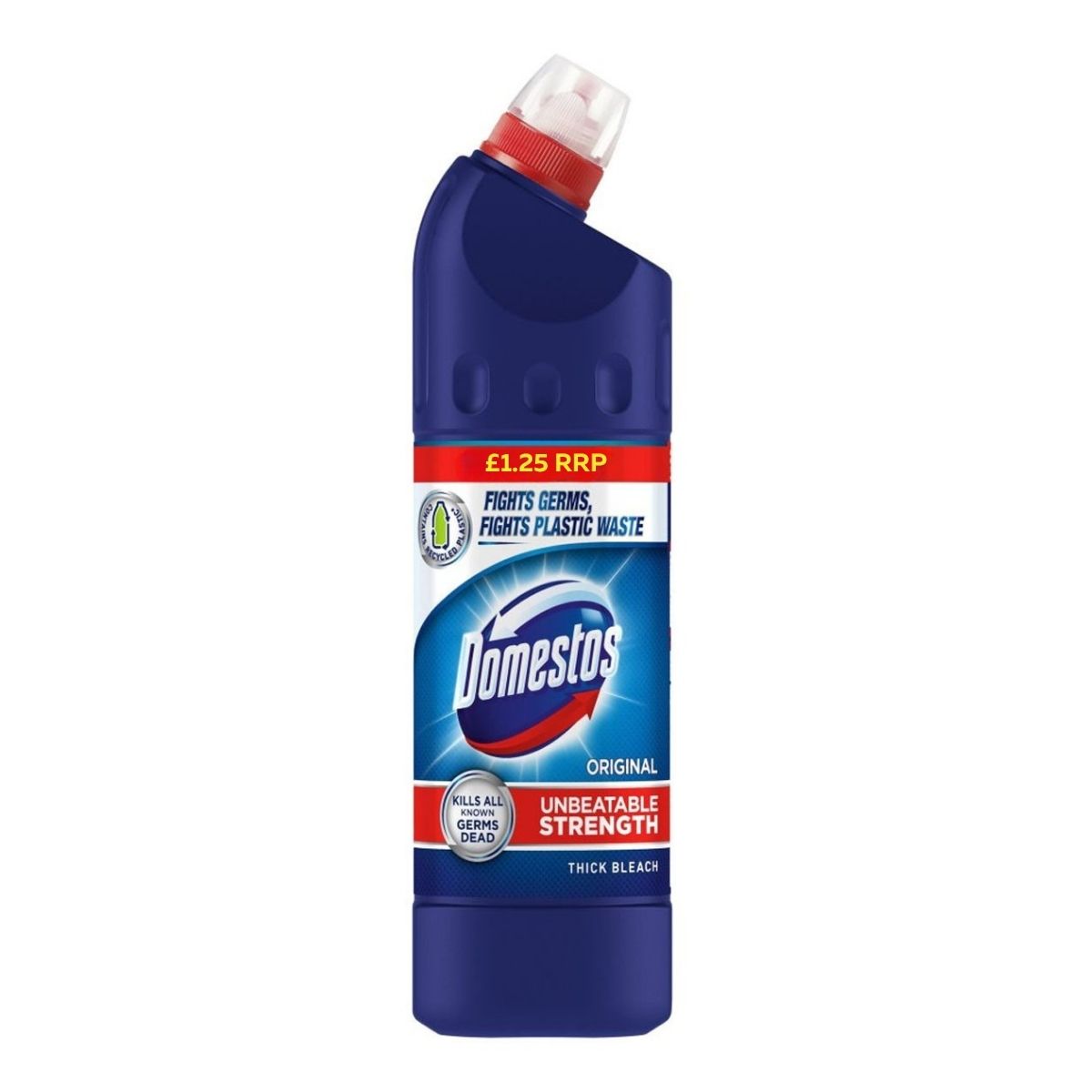 A 750ml bottle of Domestos - Thick Bleach Original, featuring a red angled cap and blue label, offers unbeatable strength and kills 99.9% of germs—ideal for powerful cleaning and disinfecting. A 750ml bottle of Domestos - Thick Bleach Original, featuring a red angled cap and blue label, offers unbeatable strength and kills 99.9% of germs—ideal for powerful cleaning and disinfecting.