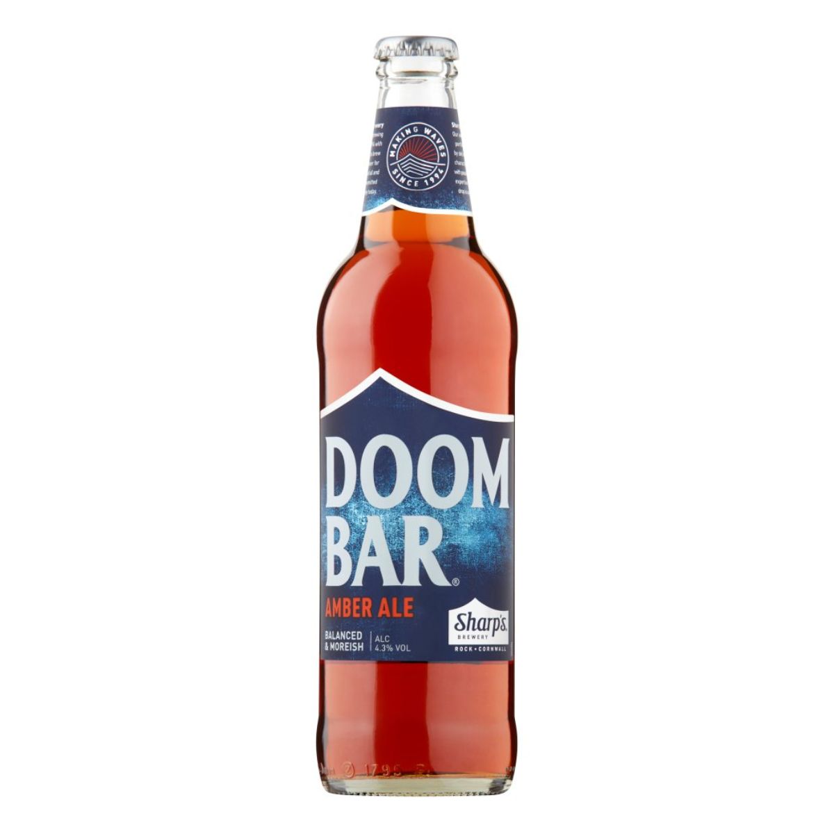 A bottle of Doom Bar - Amber Ale (4.3% ABV) - 500ml on a white background.