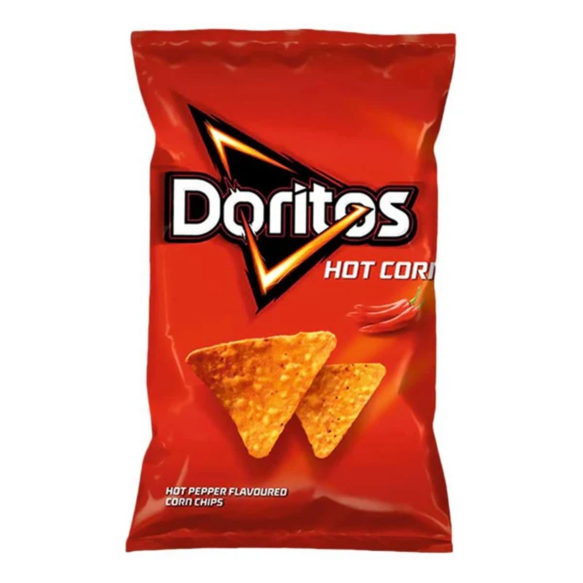 A vibrant red bag of Dorito's Hot Pepper Flavoured Corn Chips, 100g, features an enticing image of two triangle chips with fiery peppers, promising a bold, spicy flavor. A vibrant red bag of Dorito's Hot Pepper Flavoured Corn Chips, 100g, features an enticing image of two triangle chips with fiery peppers, promising a bold, spicy flavor.