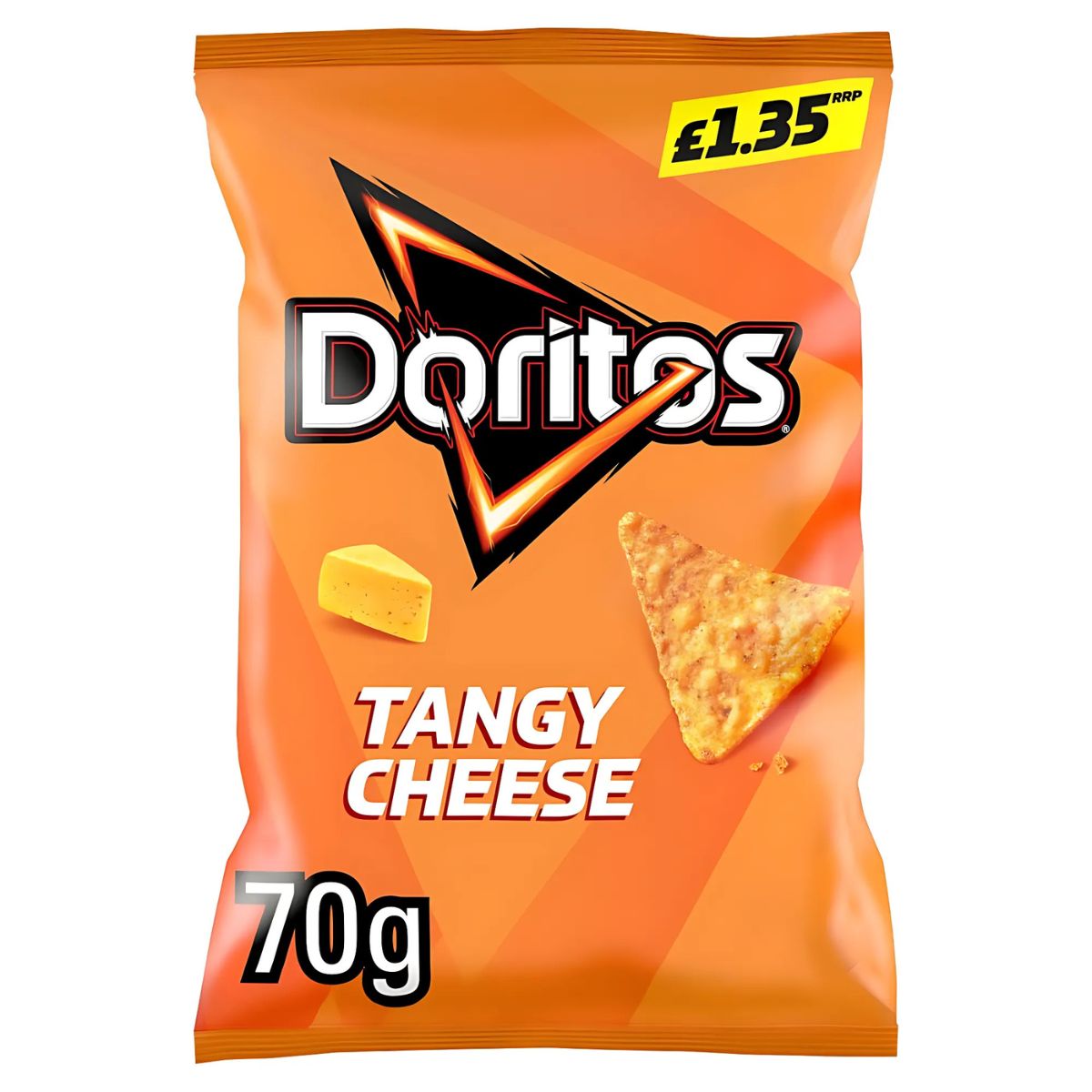 Doritos - Tangy Cheese Tortilla Chips - 70g come in a bright orange bag with a crisp chip and cheese wedge design, plus a £1.35 price label—ideal for fans of bold, cheesy flavor. Doritos - Tangy Cheese Tortilla Chips - 70g come in a bright orange bag with a crisp chip and cheese wedge design, plus a £1.35 price label—ideal for fans of bold, cheesy flavor.