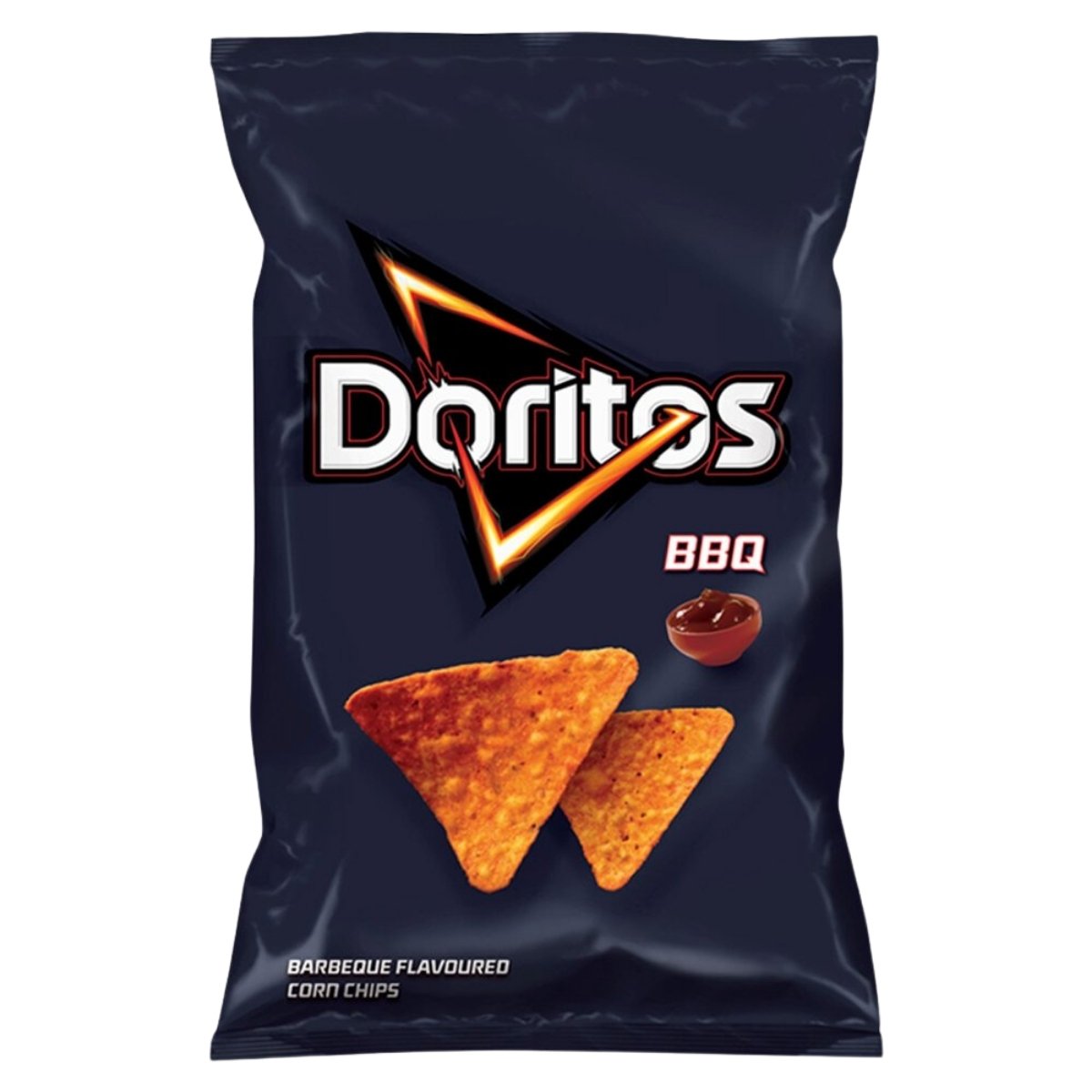 Doritos Barbecue Flavoured Corn Chips 100g bag, ideal for snacking, features two triangular chips and a barbecue sauce cup on the packaging. Doritos Barbecue Flavoured Corn Chips 100g bag, ideal for snacking, features two triangular chips and a barbecue sauce cup on the packaging.