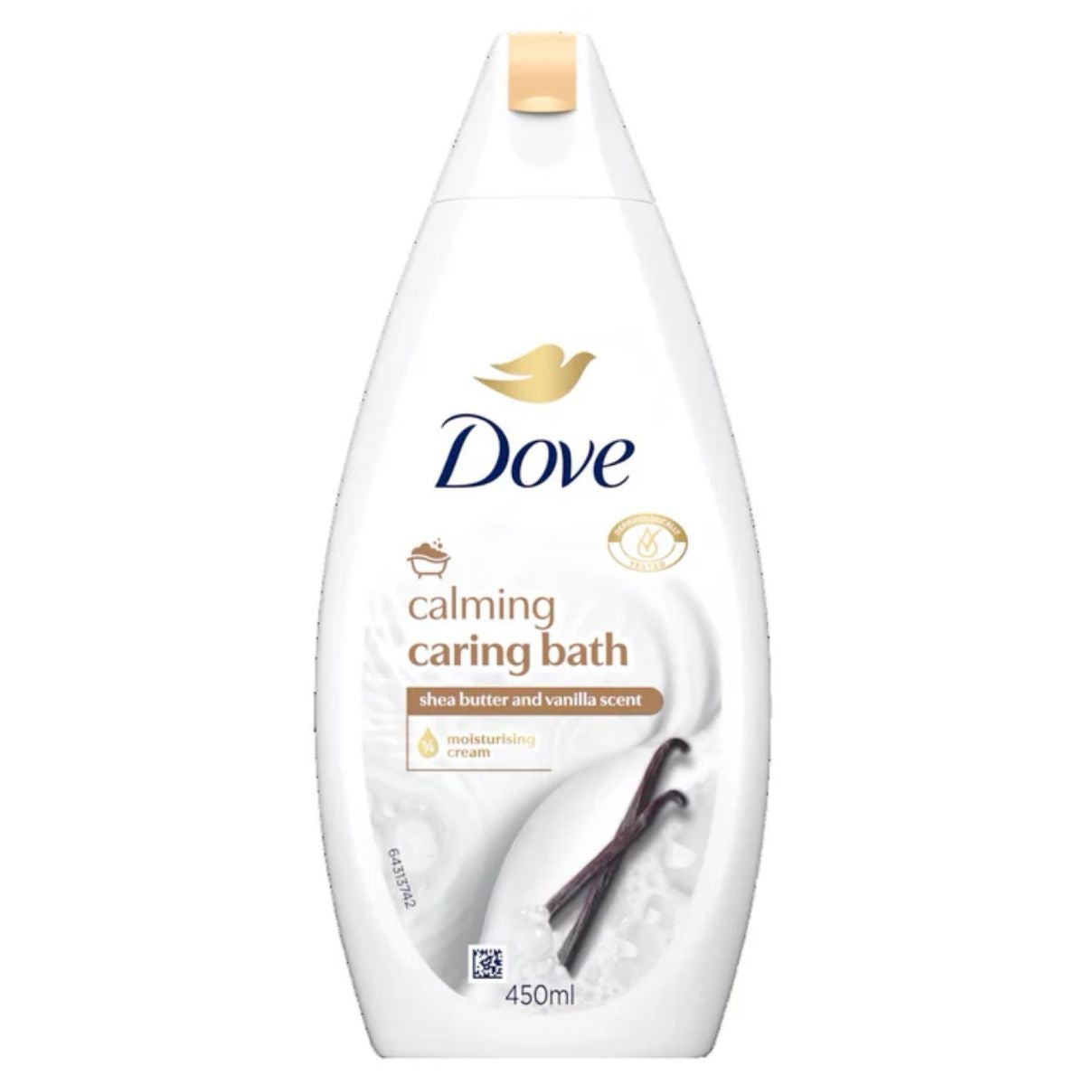 A 450ml bottle of Dove Calming Caring Bath Moisturising Cream, with shea butter, soothing vanilla scent, and a white and gold design with vanilla beans on the label. A 450ml bottle of Dove Calming Caring Bath Moisturising Cream, with shea butter, soothing vanilla scent, and a white and gold design with vanilla beans on the label.