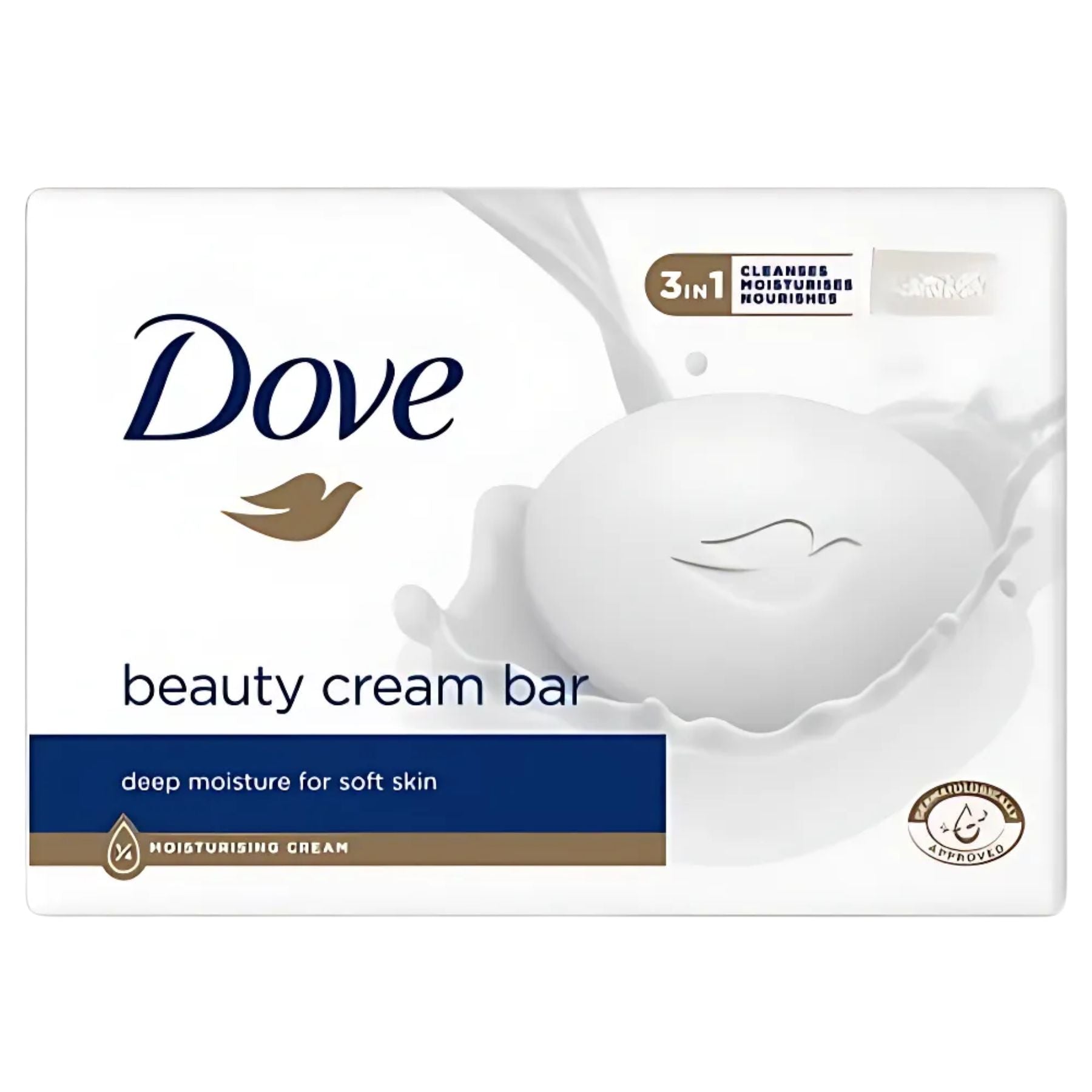The Dove - Cream Bar Original - 90g features packaging with a splash design, highlighting "3 in 1" benefits, gentle cleansing, and a "deep moisture for soft skin" label. The Dove - Cream Bar Original - 90g features packaging with a splash design, highlighting "3 in 1" benefits, gentle cleansing, and a "deep moisture for soft skin" label.