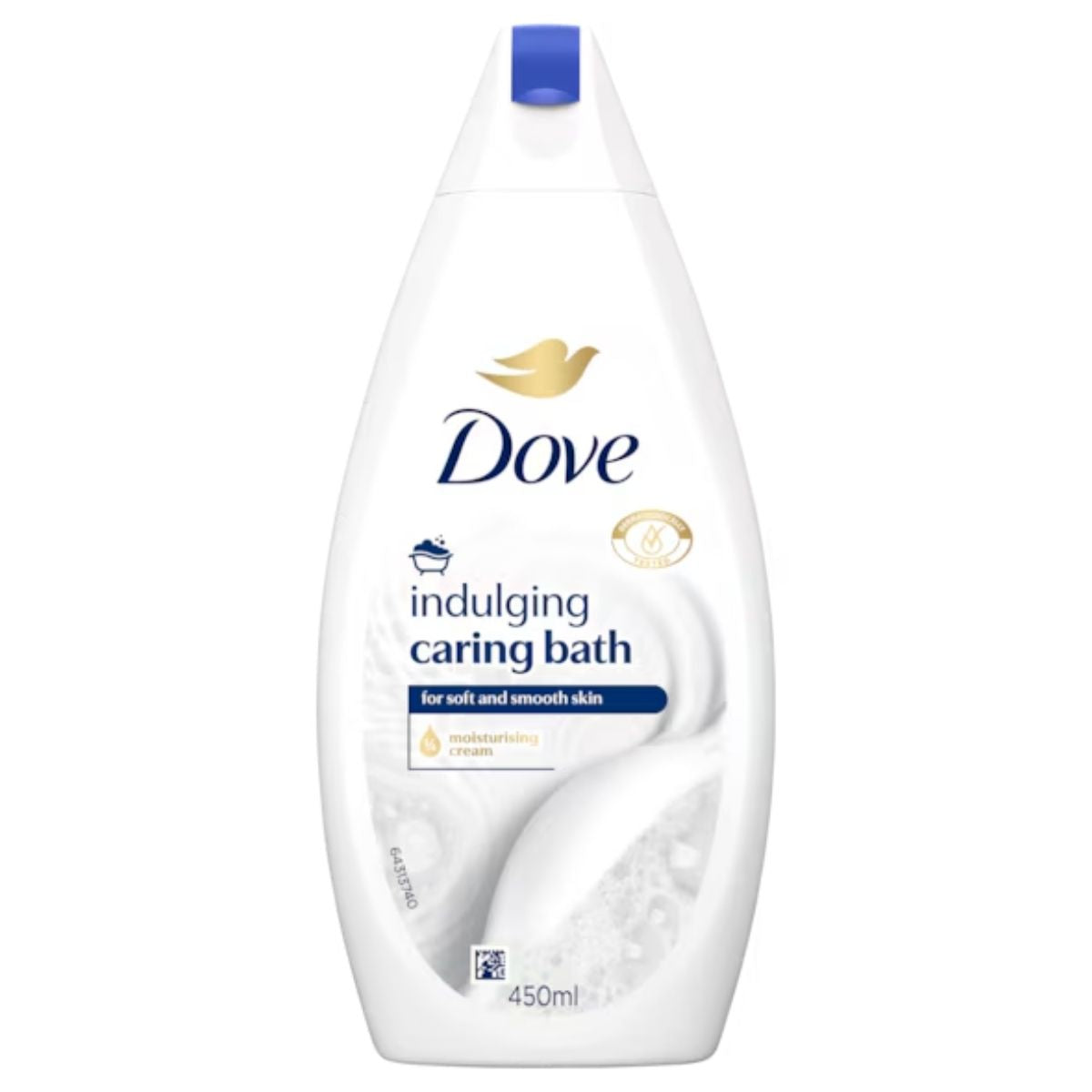 A 450ml bottle of Dove Indulging Caring Bath Moisturising Cream, designed in white and blue with a blue flip-top cap, provides skin nourishment. A 450ml bottle of Dove Indulging Caring Bath Moisturising Cream, designed in white and blue with a blue flip-top cap, provides skin nourishment.