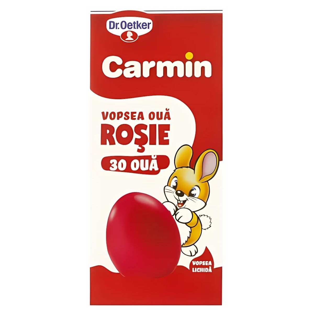 A bright red egg dye box with a cheerful cartoon bunny, labeled "Dr. Oetker - Carmin Rosie Liquid Paint For Eggs (Red) - 6g," ideal for decorating delightful Easter eggs effortlessly. A bright red egg dye box with a cheerful cartoon bunny, labeled "Dr. Oetker - Carmin Rosie Liquid Paint For Eggs (Red) - 6g," ideal for decorating delightful Easter eggs effortlessly.
