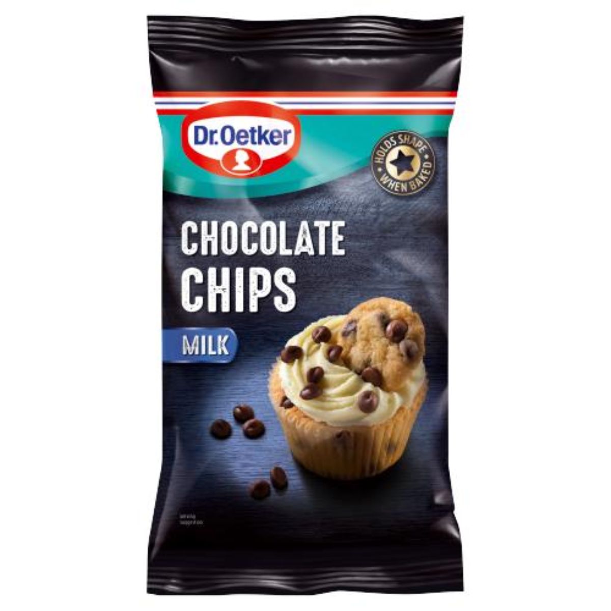A bag of Dr. Oetker - Chocolate Chips Milk - 100g on a white background.