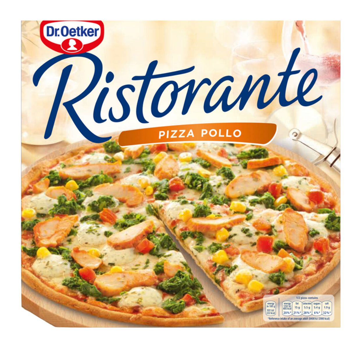 A box of Dr. Oetker - Ristorante Pizza Pollo - 355g with chicken and vegetables on it. A box of Dr. Oetker - Ristorante Pizza Pollo - 355g with chicken and vegetables on it.