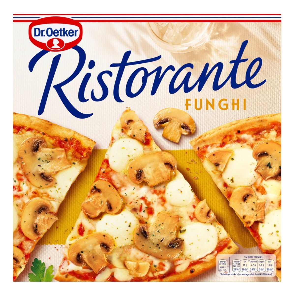 A box of Dr. Oetker - Ristorante Funghi Pizza - 365g with mushrooms on it. A box of Dr. Oetker - Ristorante Funghi Pizza - 365g with mushrooms on it.