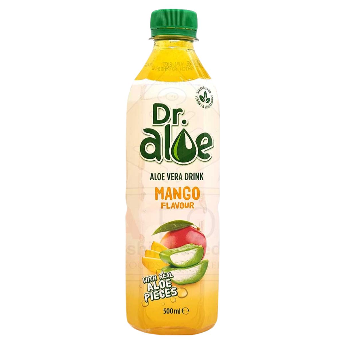 A bottle of Dr Aloe - Aloe Vera Mango Drink - 500ml. A bottle of Dr Aloe - Aloe Vera Mango Drink - 500ml.