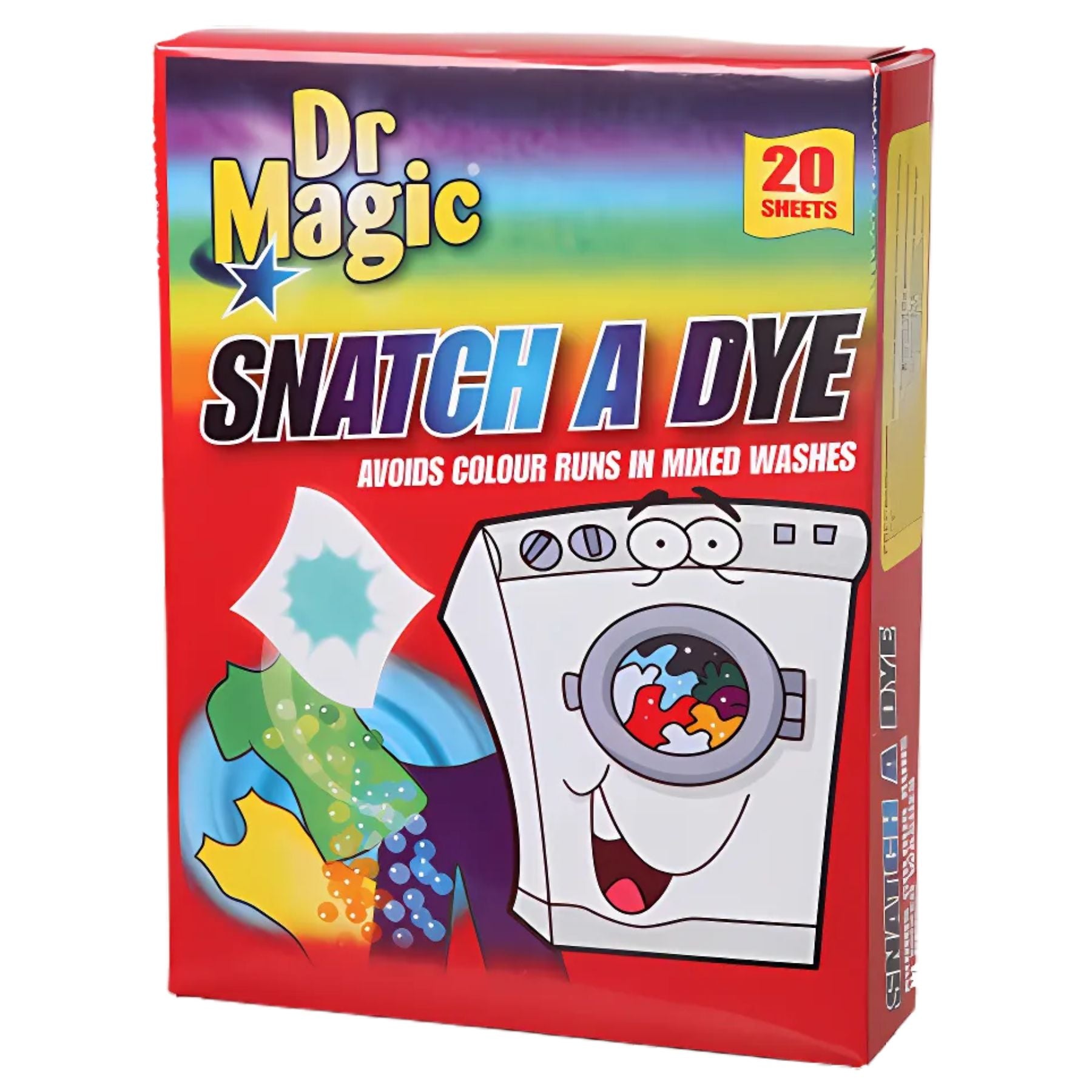 Dr Magic - Snatch A Dye - 20 Sheets keeps colours safe in the wash, with a cartoon washing machine and dye-catching sheets to prevent colour run in laundry. Dr Magic - Snatch A Dye - 20 Sheets keeps colours safe in the wash, with a cartoon washing machine and dye-catching sheets to prevent colour run in laundry.