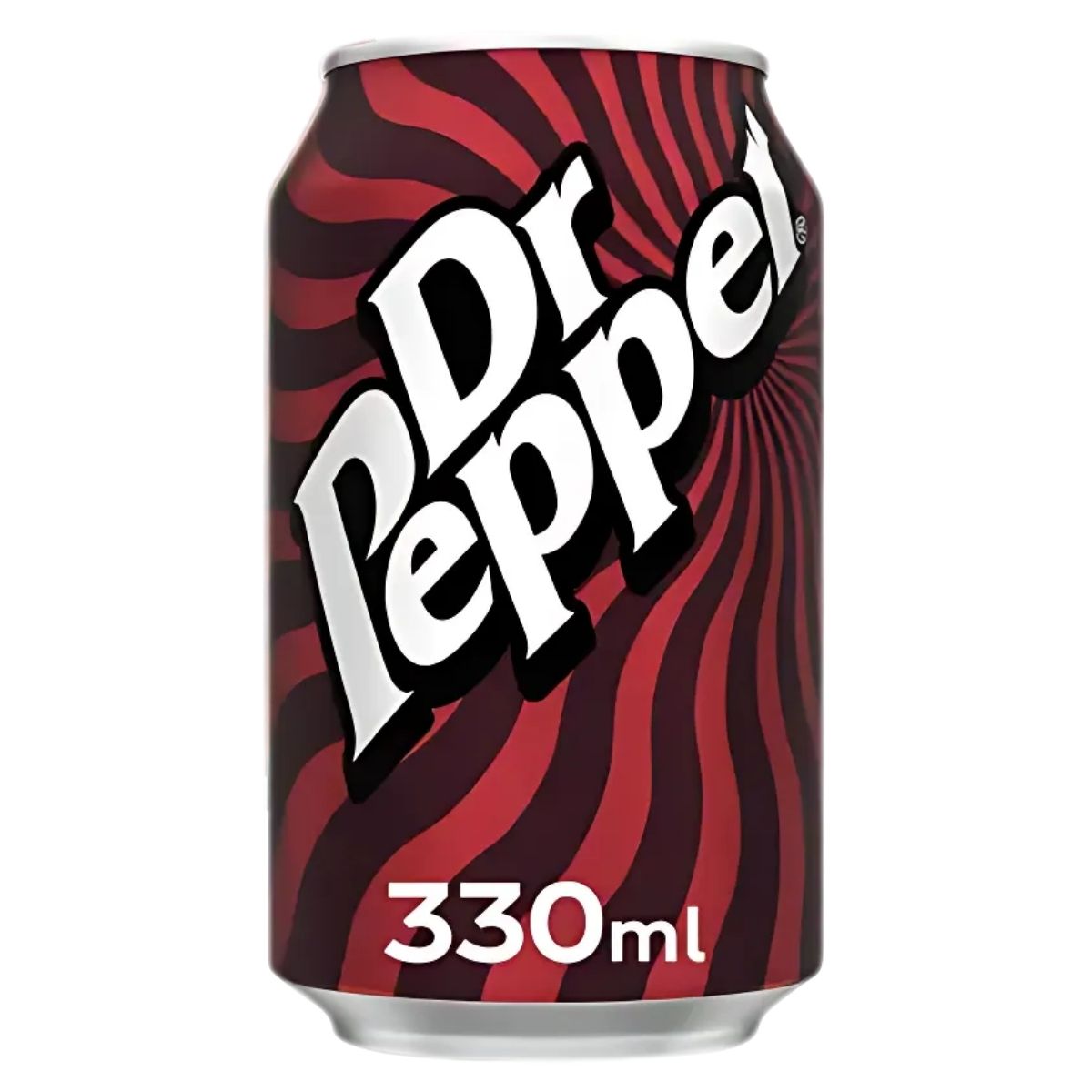 A 330ml Dr Pepper - Can features a red and black swirling design, ideal for any soda enthusiast who relishes a fizzy drink. A 330ml Dr Pepper - Can features a red and black swirling design, ideal for any soda enthusiast who relishes a fizzy drink.