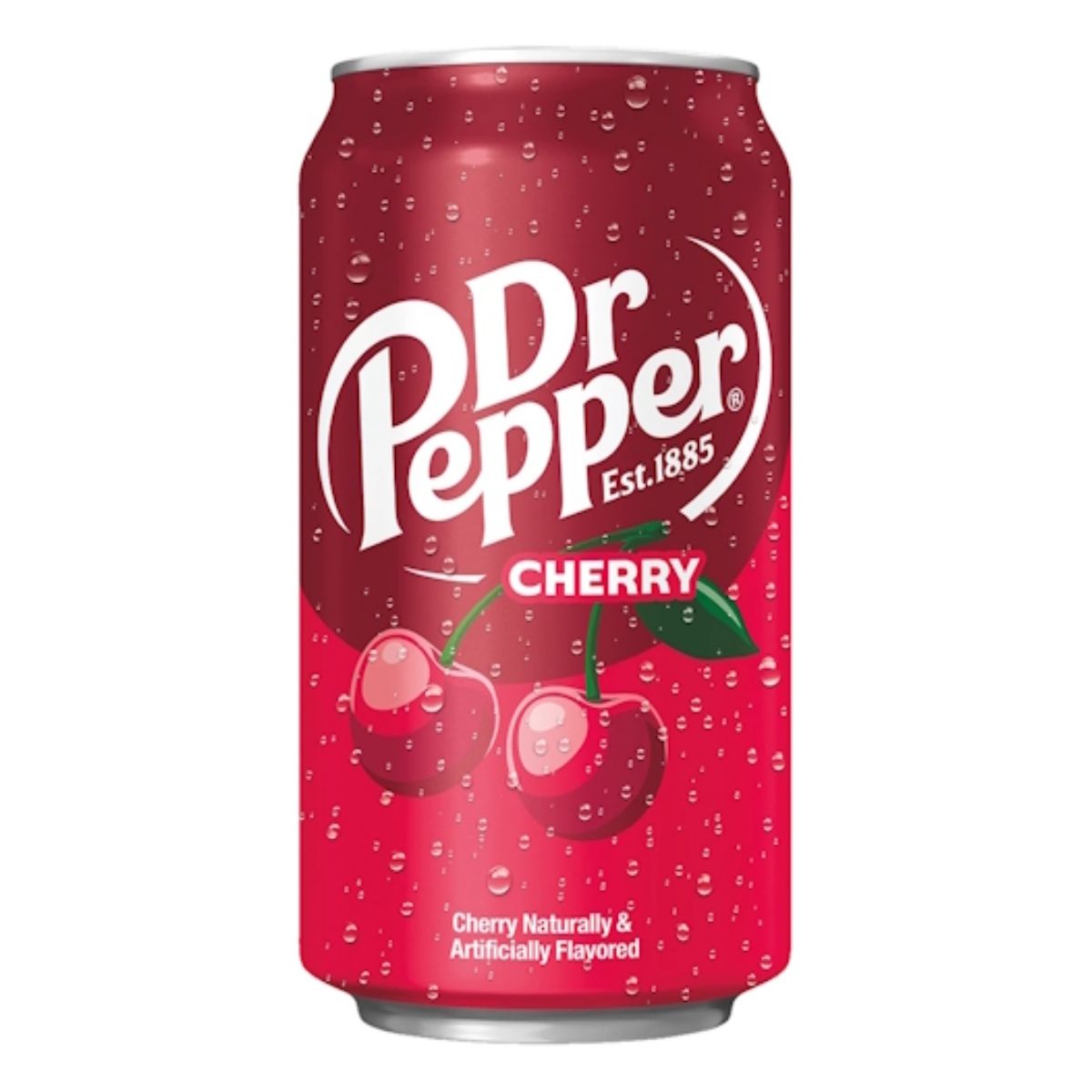 A 355ml can of Dr Pepper Cherry features the logo, two cherries with a leaf, and "Cherry Naturally & Artificially Flavored" text, delivering a bold cherry flavor in every refreshing sip. A 355ml can of Dr Pepper Cherry features the logo, two cherries with a leaf, and "Cherry Naturally & Artificially Flavored" text, delivering a bold cherry flavor in every refreshing sip.