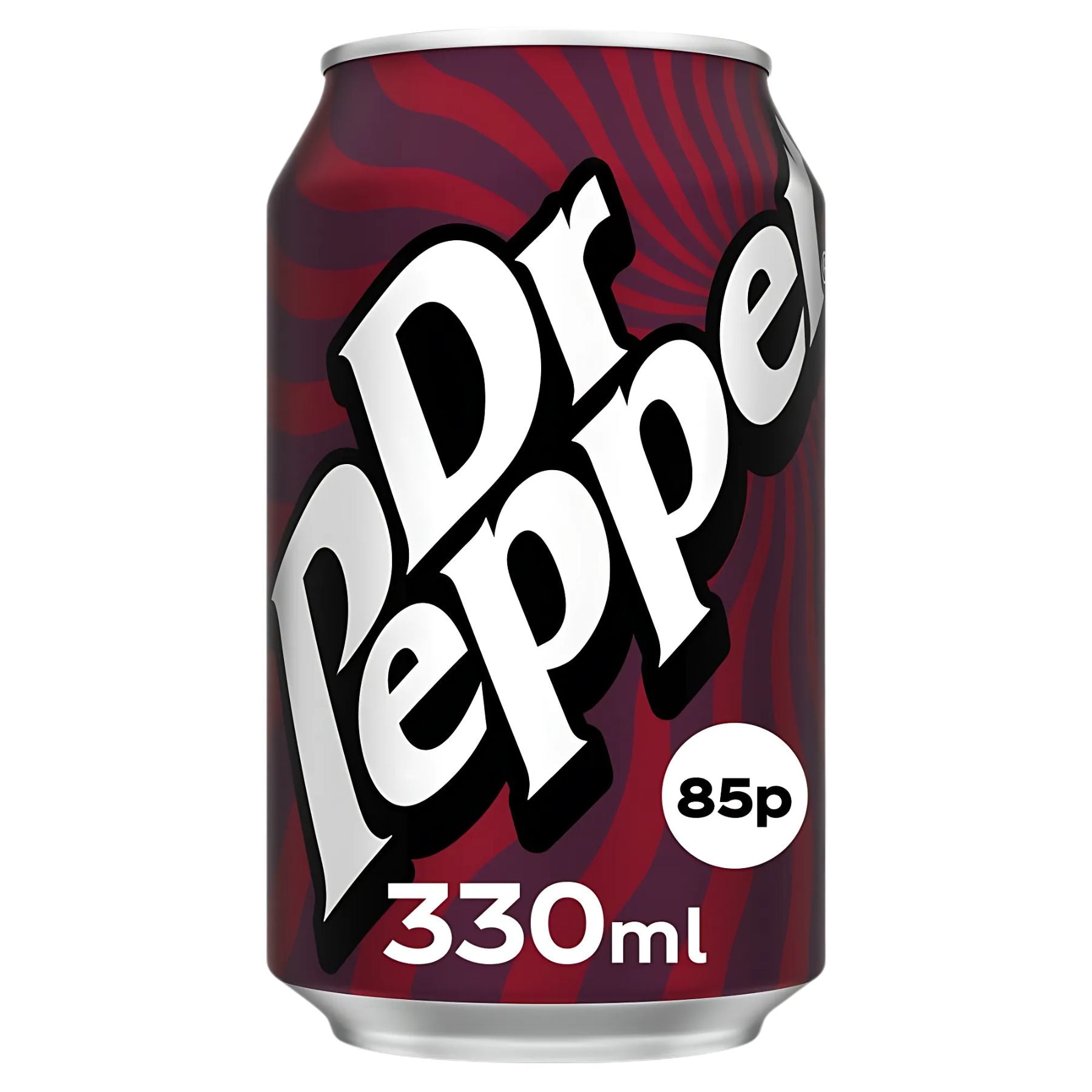 A 330ml Dr Pepper - Sparkling Fruit Flavour Can with a red and black swirled background and an "85p" price label on the front. A 330ml Dr Pepper - Sparkling Fruit Flavour Can with a red and black swirled background and an "85p" price label on the front.