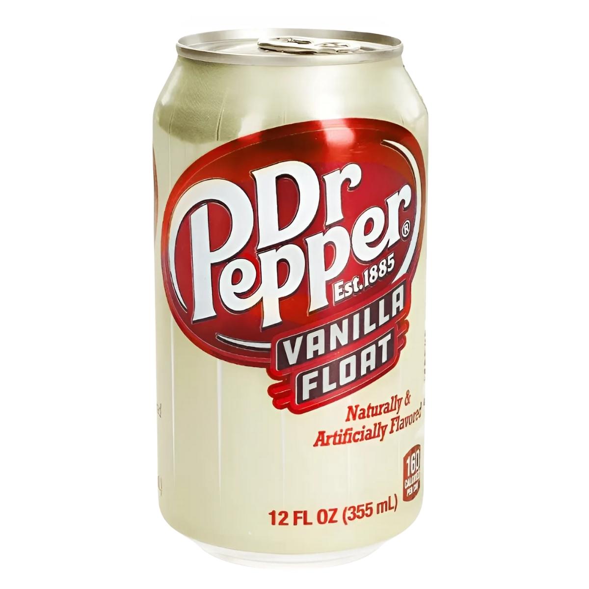A 355ml can of Dr Pepper - Vanilla Float features red and white labeling with the Dr Pepper logo and highlights its creamy vanilla flavor. A 355ml can of Dr Pepper - Vanilla Float features red and white labeling with the Dr Pepper logo and highlights its creamy vanilla flavor.