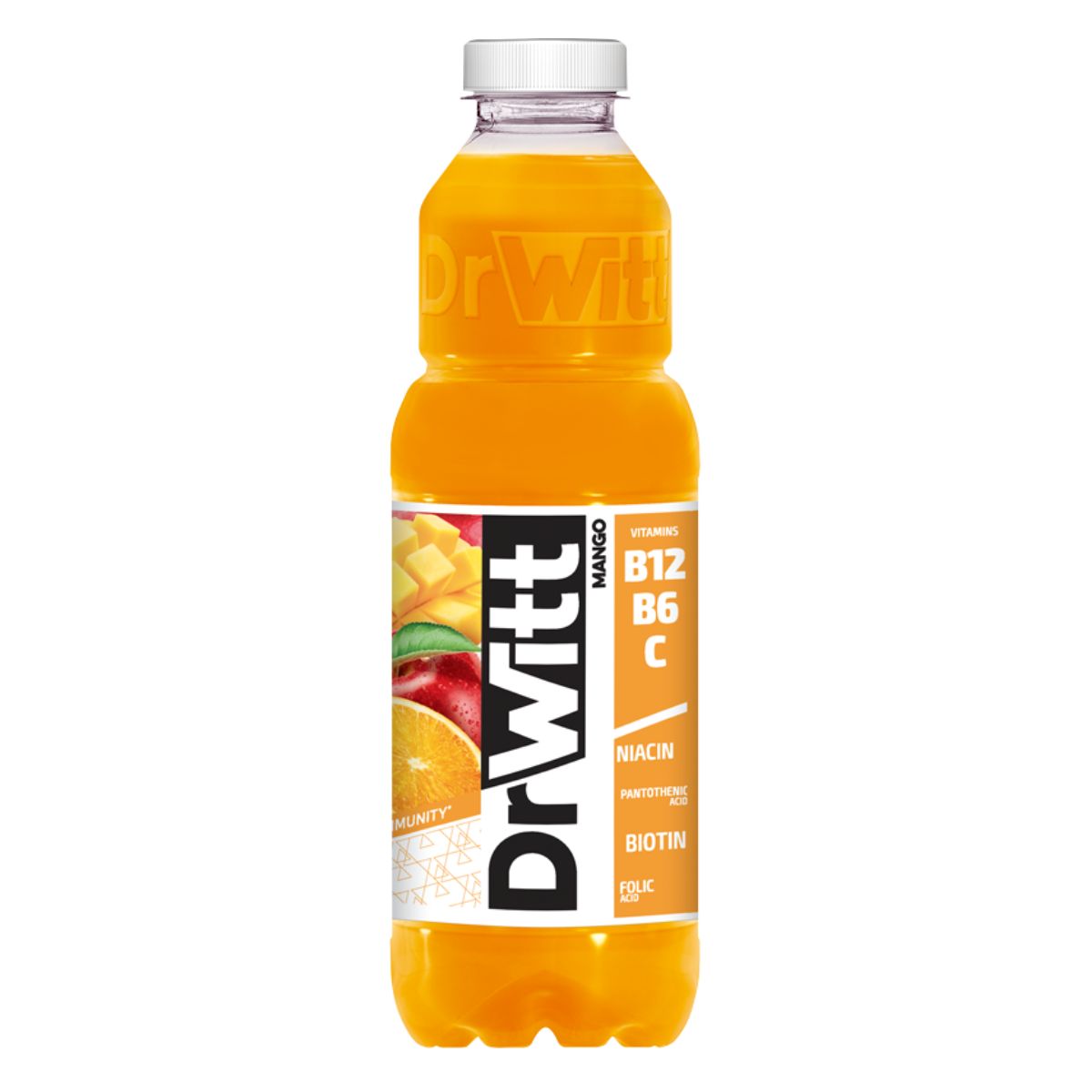 Dr Vitt - Mango and Apple - 1L bottle of fruit juice labeled with vitamins b12, b6, niacin, pantothenic acid, and biotin, and images of citrus fruits and mangoes.