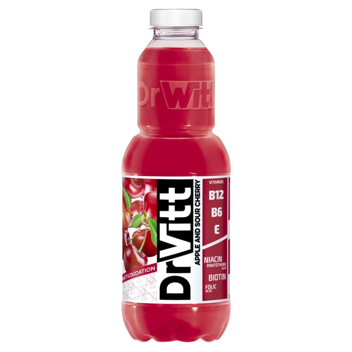 A bottle of Dr Witt - Apple & Sour Cherry - 1 Litre drink on a white background. A bottle of Dr Witt - Apple & Sour Cherry - 1 Litre drink on a white background.