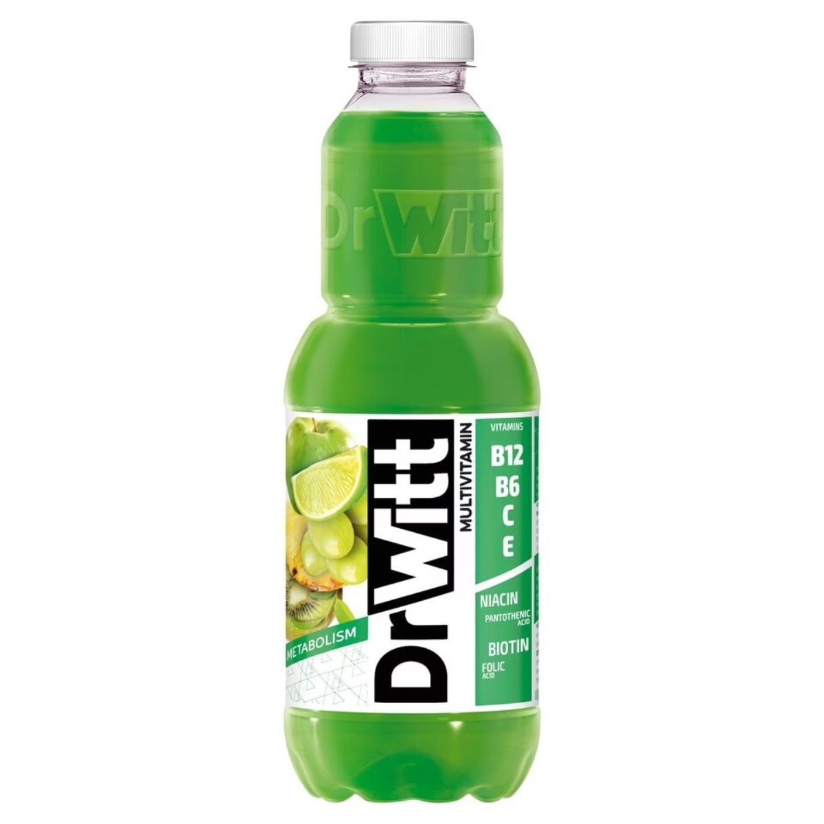A green bottle of Dr Witt - Green Multivitamin Drink - 1 Litre labeled with information about its content of vitamins B12, B6, C, and E, as well as niacin, pantothenic acid, biotin, and indications supporting metabolism.