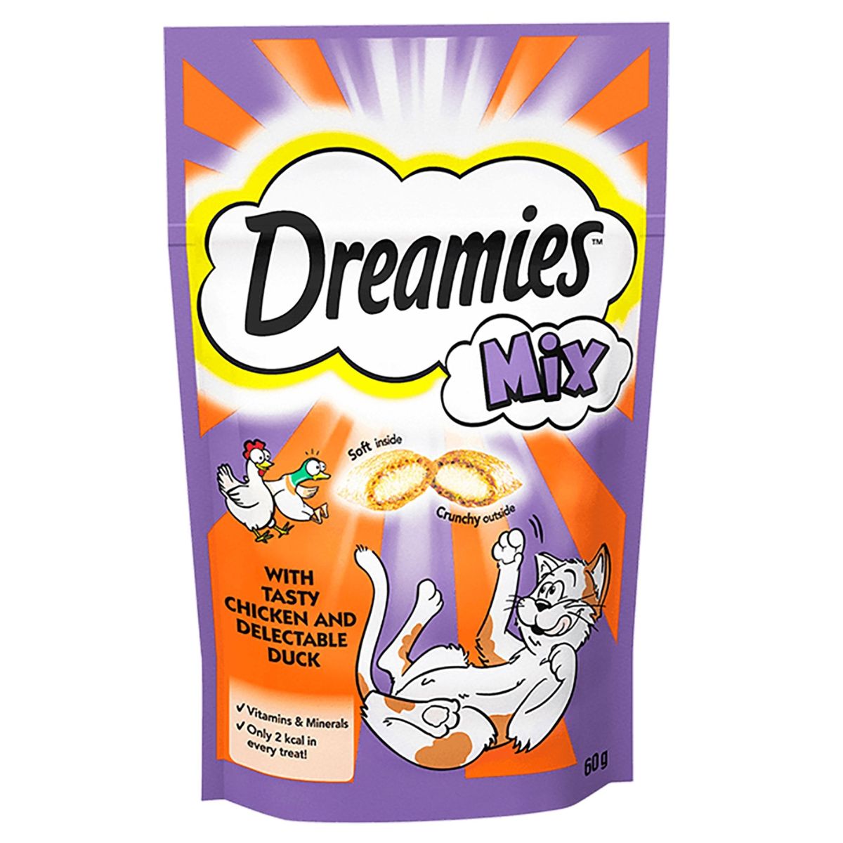 A bag of Dreamies - Chicken and Duck Cat Treats - 60g on a white background.