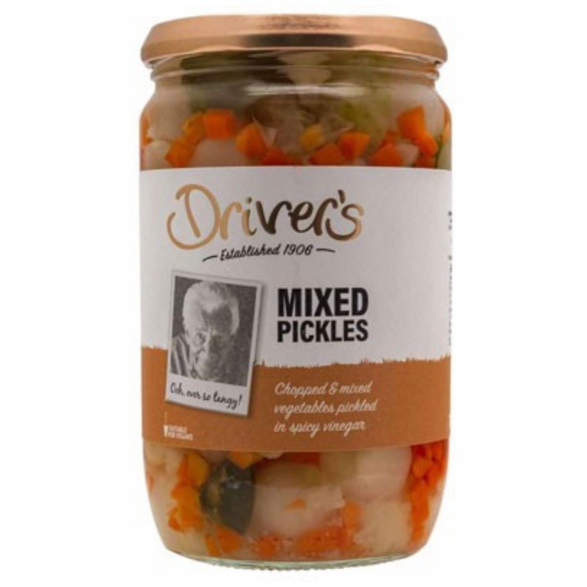 A 710g jar of Drivers Mixed Pickles featuring a copper lid and a label depicting chopped vegetables in spicy vinegar. A 710g jar of Drivers Mixed Pickles featuring a copper lid and a label depicting chopped vegetables in spicy vinegar.