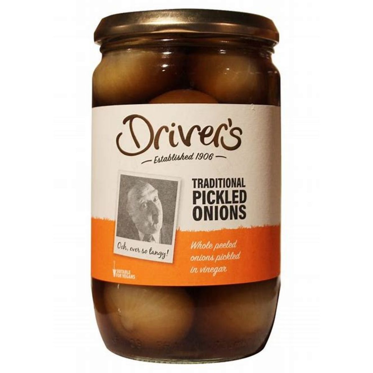A 710g jar of Driver's pickled onions featuring a label with a photograph and the text "Established 1906" and "Oh, ever so tangy!". A 710g jar of Driver's pickled onions featuring a label with a photograph and the text "Established 1906" and "Oh, ever so tangy!".
