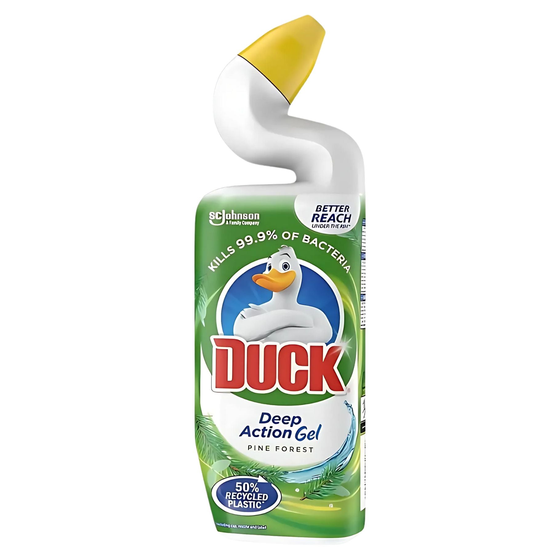 A 750ml bottle of Duck - Pine forest Deep Action Gel Toilet Cleaner with a curved yellow nozzle, featuring a white duck on a green label. Delivers deep cleaning and leaves a refreshing pine forest scent. A 750ml bottle of Duck - Pine forest Deep Action Gel Toilet Cleaner with a curved yellow nozzle, featuring a white duck on a green label. Delivers deep cleaning and leaves a refreshing pine forest scent.