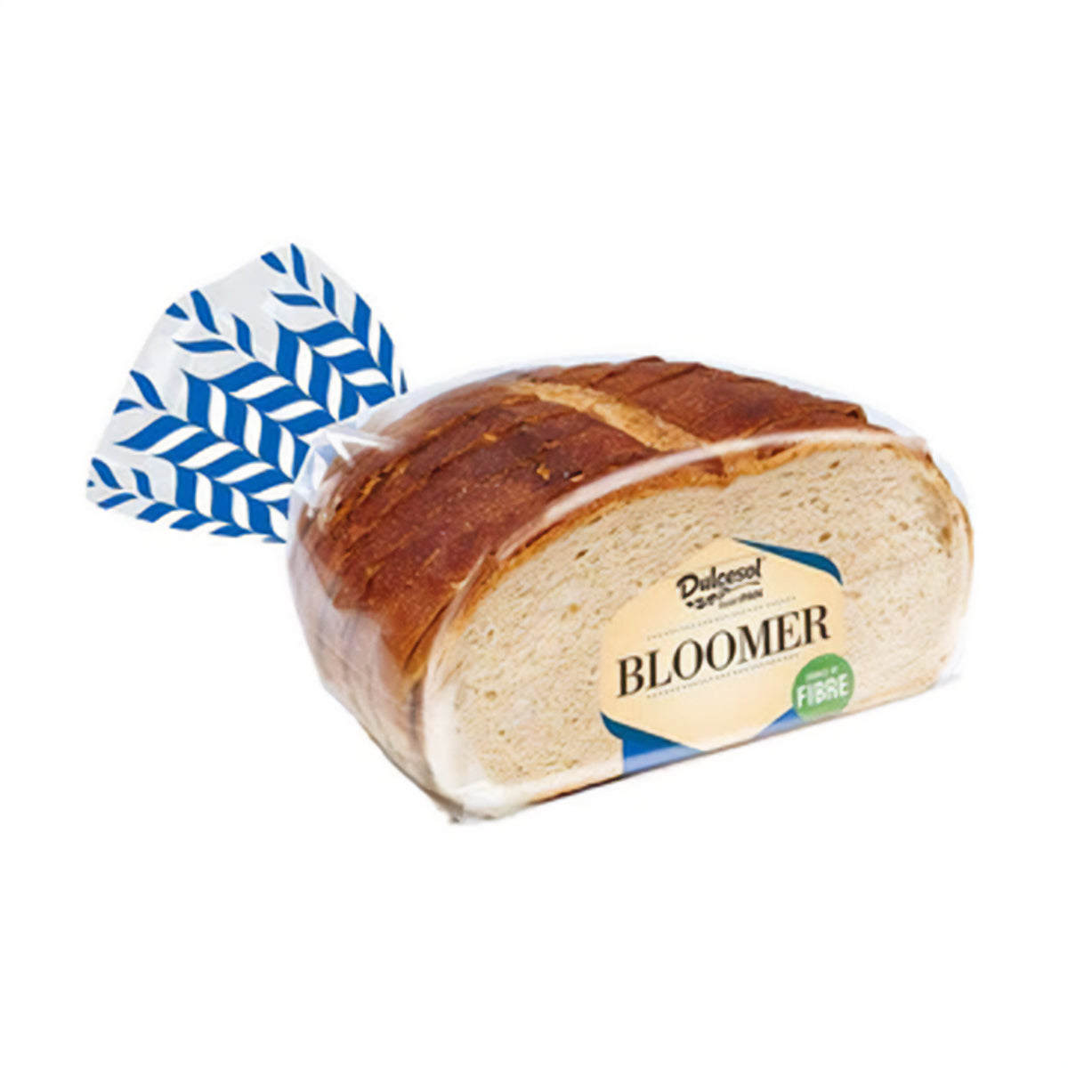 A 450g loaf of pre-packaged white bread labeled "Dulcesol - White Half Bloomer Bread" with a blue patterned plastic wrapper. A 450g loaf of pre-packaged white bread labeled "Dulcesol - White Half Bloomer Bread" with a blue patterned plastic wrapper.