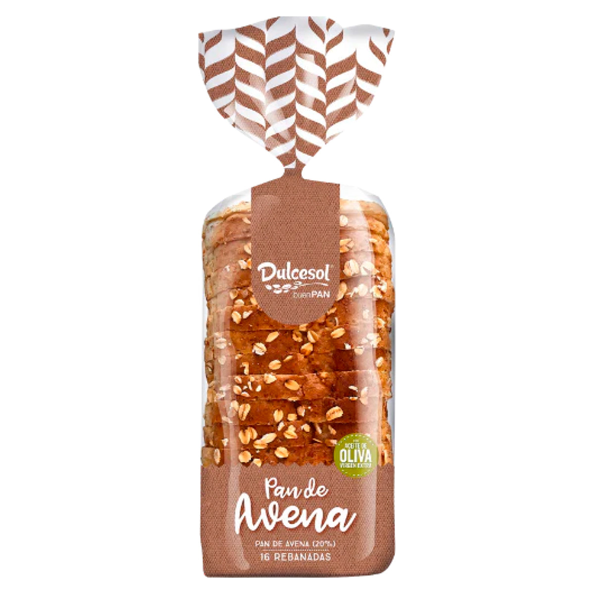A bag of Dulcesol - Oatmeal Bread - 460g with a brown and white pattern.