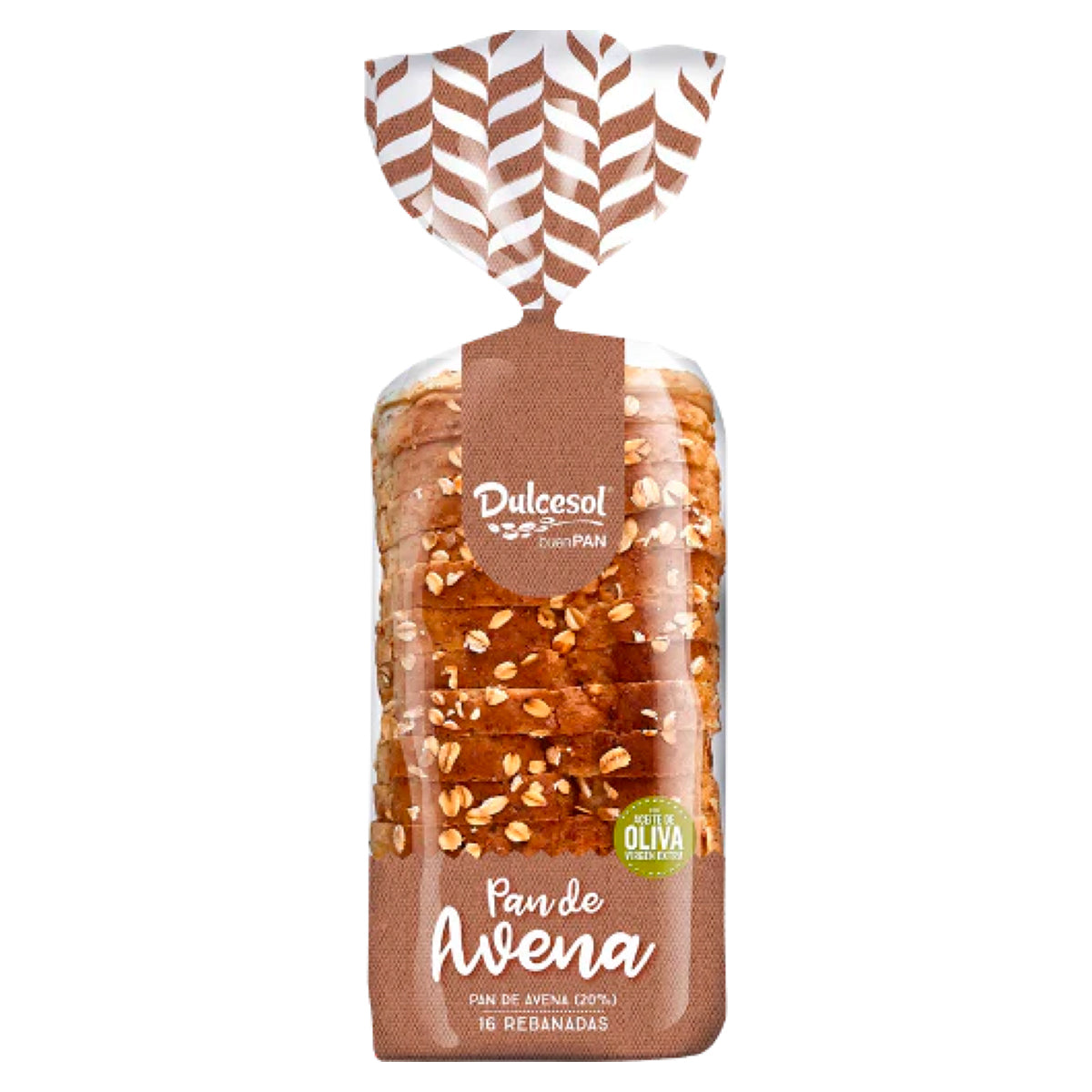 A bag of Dulcesol - Oatmeal Bread - 460g with a brown and white pattern. A bag of Dulcesol - Oatmeal Bread - 460g with a brown and white pattern.