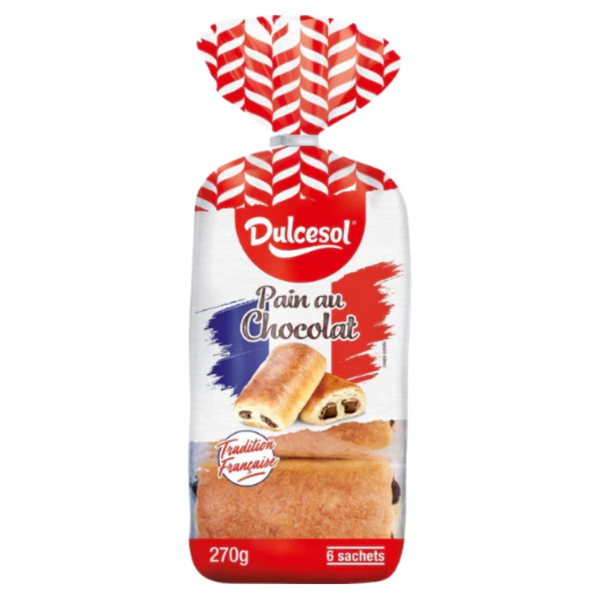 A bag of Dulcesol - Pain Au Chocolat - 6 Pack (270g) french and chocolate croissants.